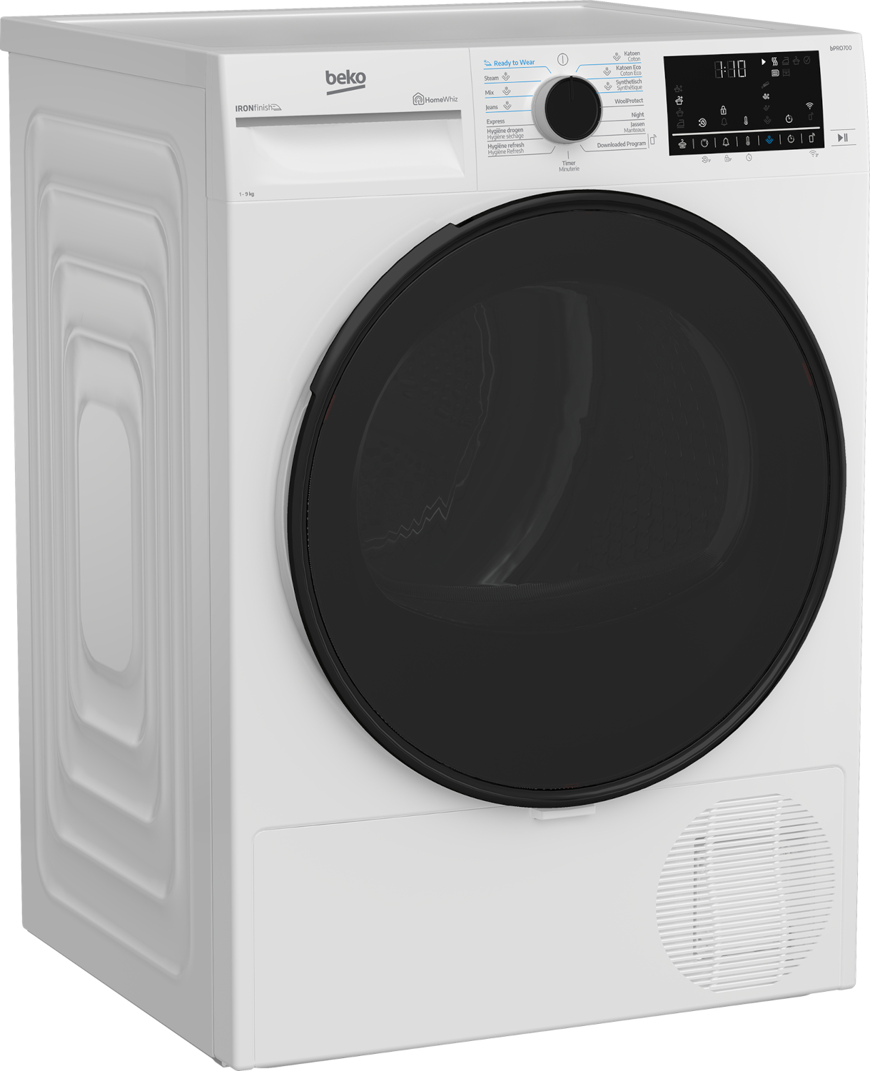 A white Beko tumble dryer with a black glass door, control dial, and digital panel against a white background.