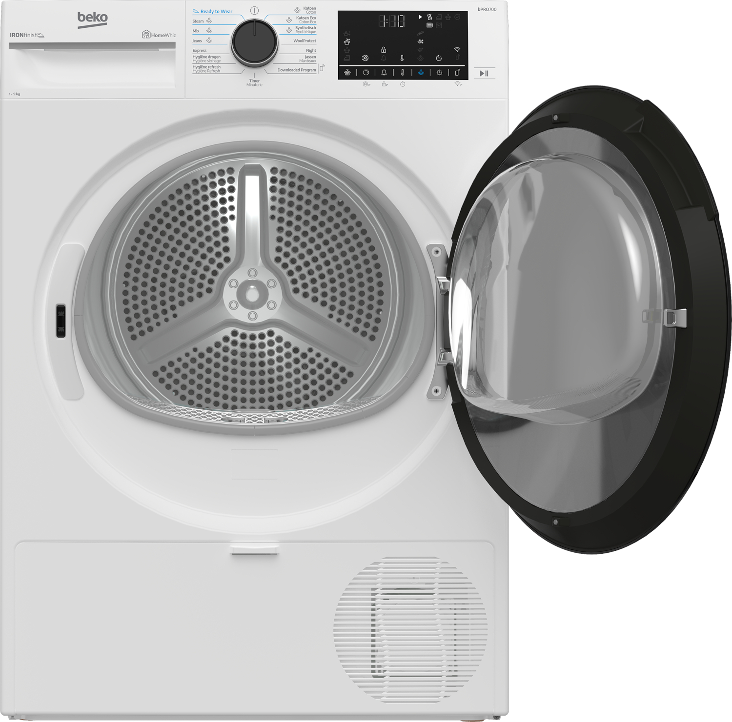 White Beko tumble dryer with an open black glass door and digital display.
