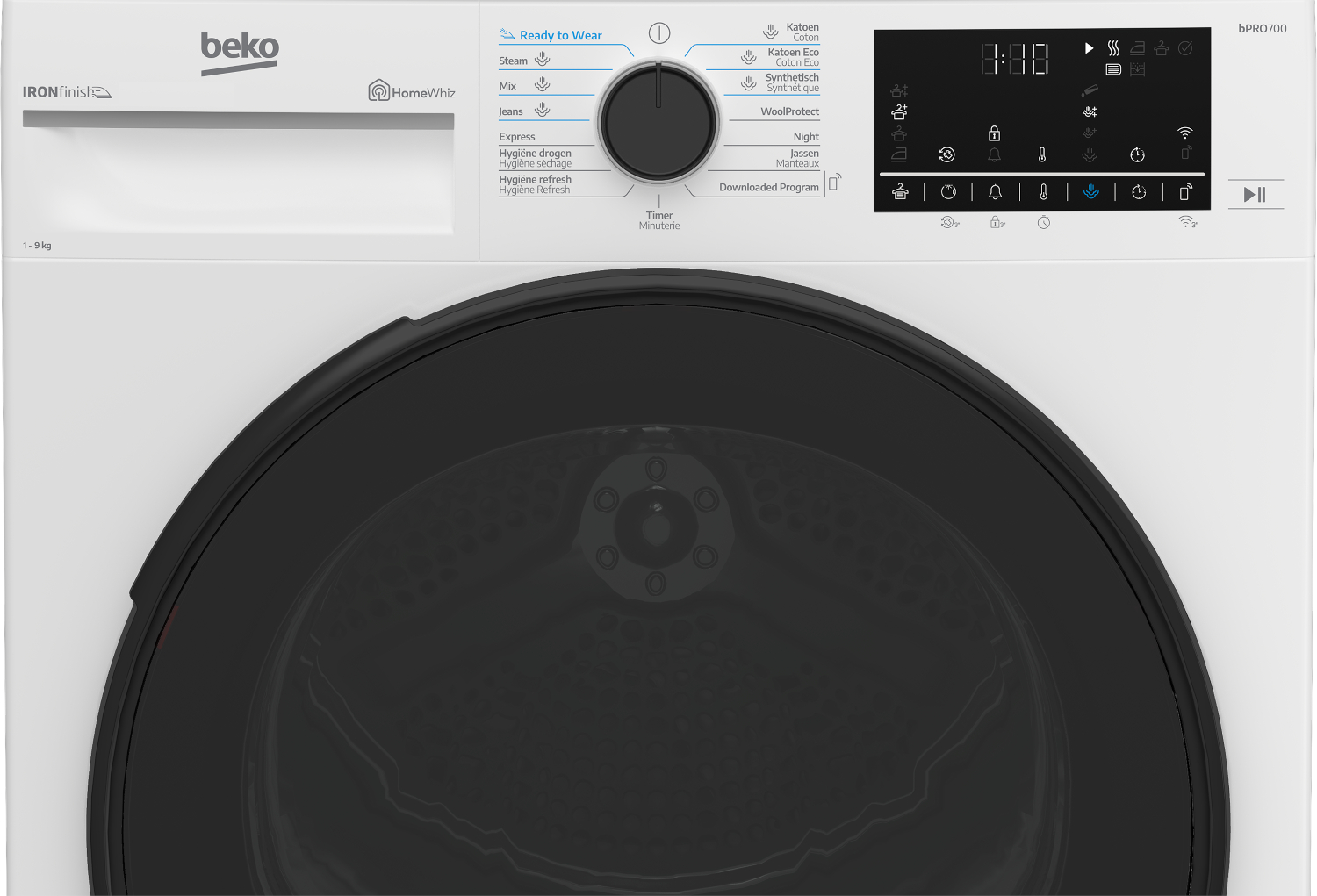 White Beko washing machine with a black round door, rotary dial, and digital control panel.