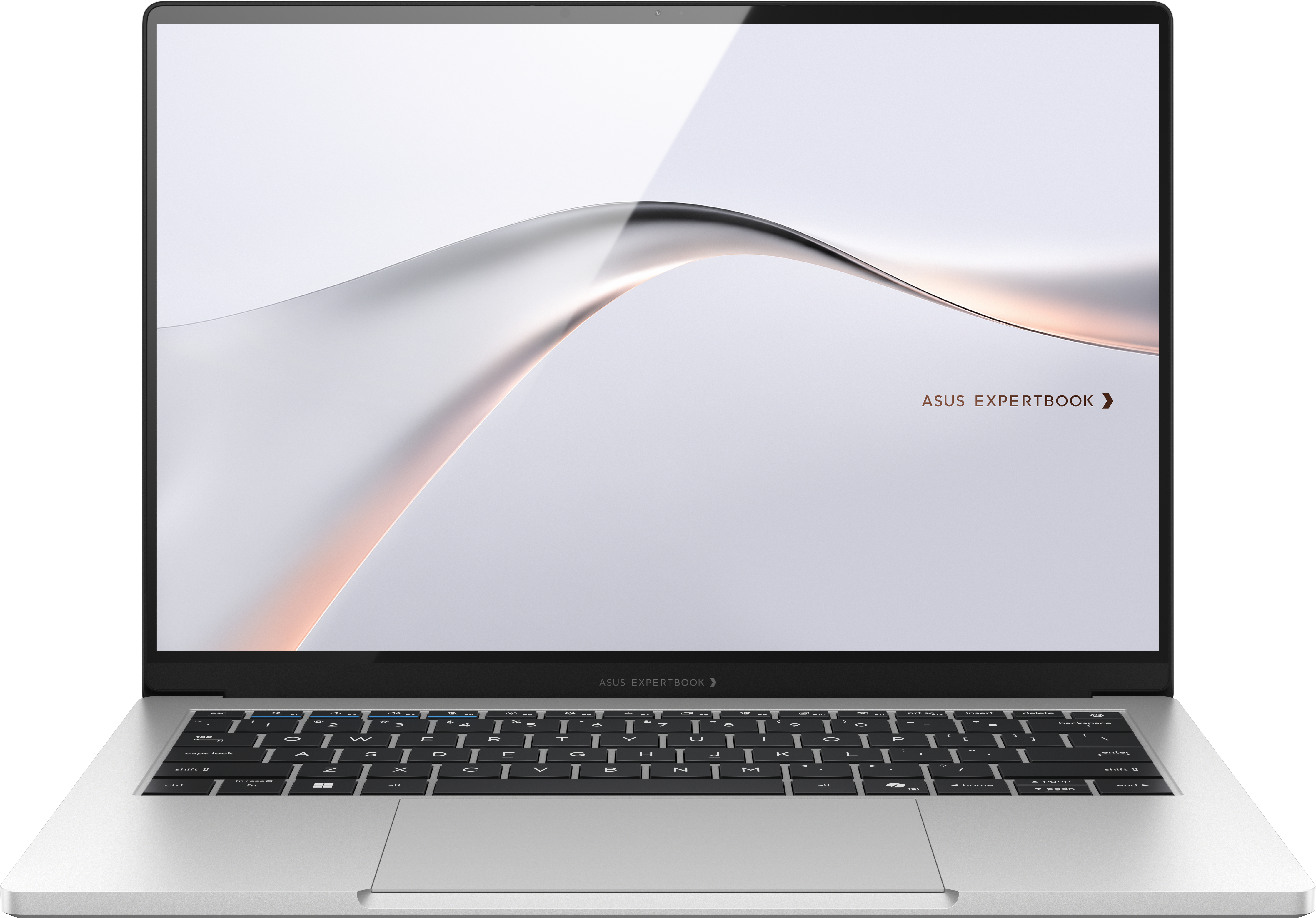 Ezüst színű ASUS ExpertBook laptop elülső nézete absztrakt képernyőháttérrel és fekete billentyűzettel.