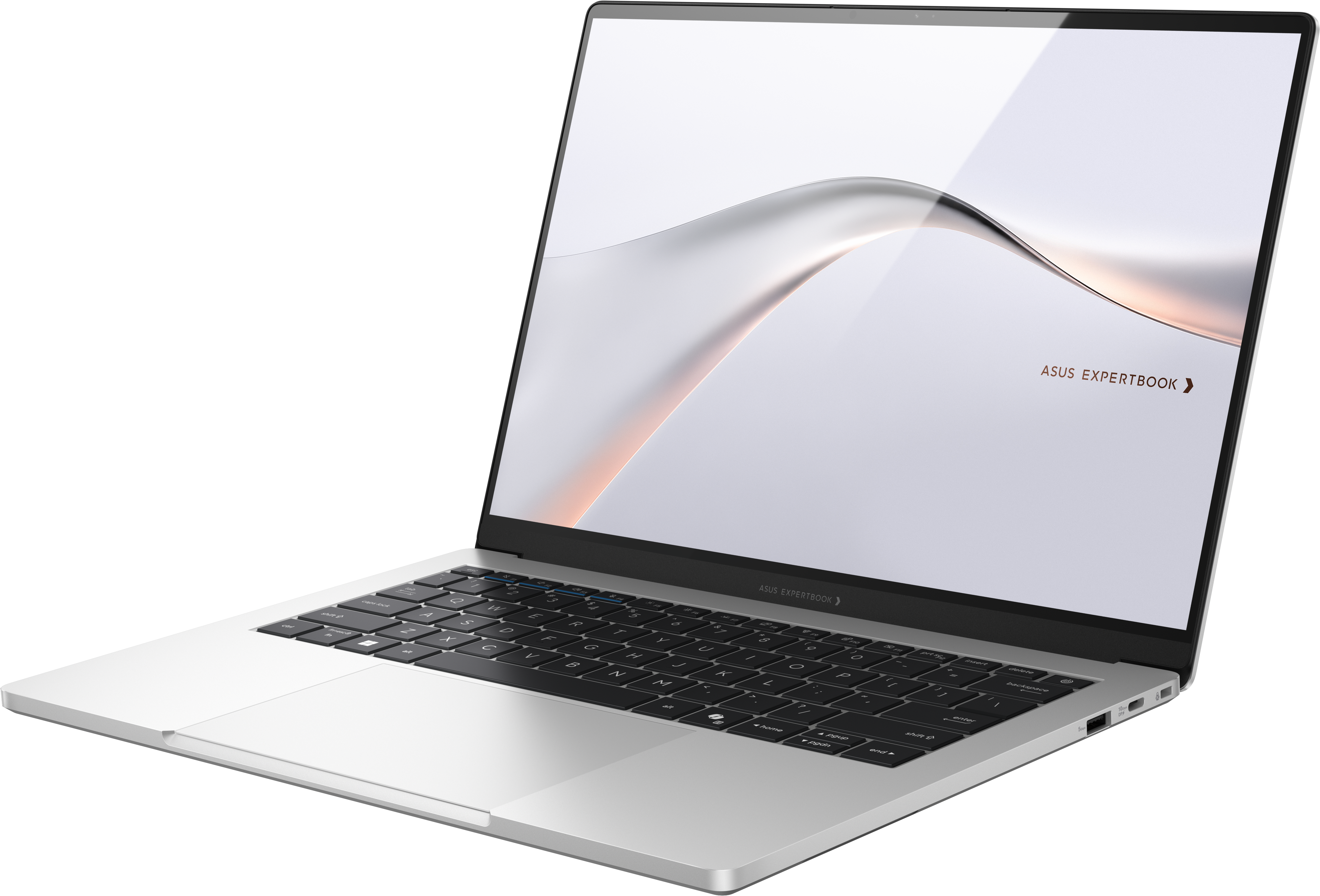 Ezüstszínű ASUS ExpertBook laptop nyitott képernyővel fekete háttér előtt.