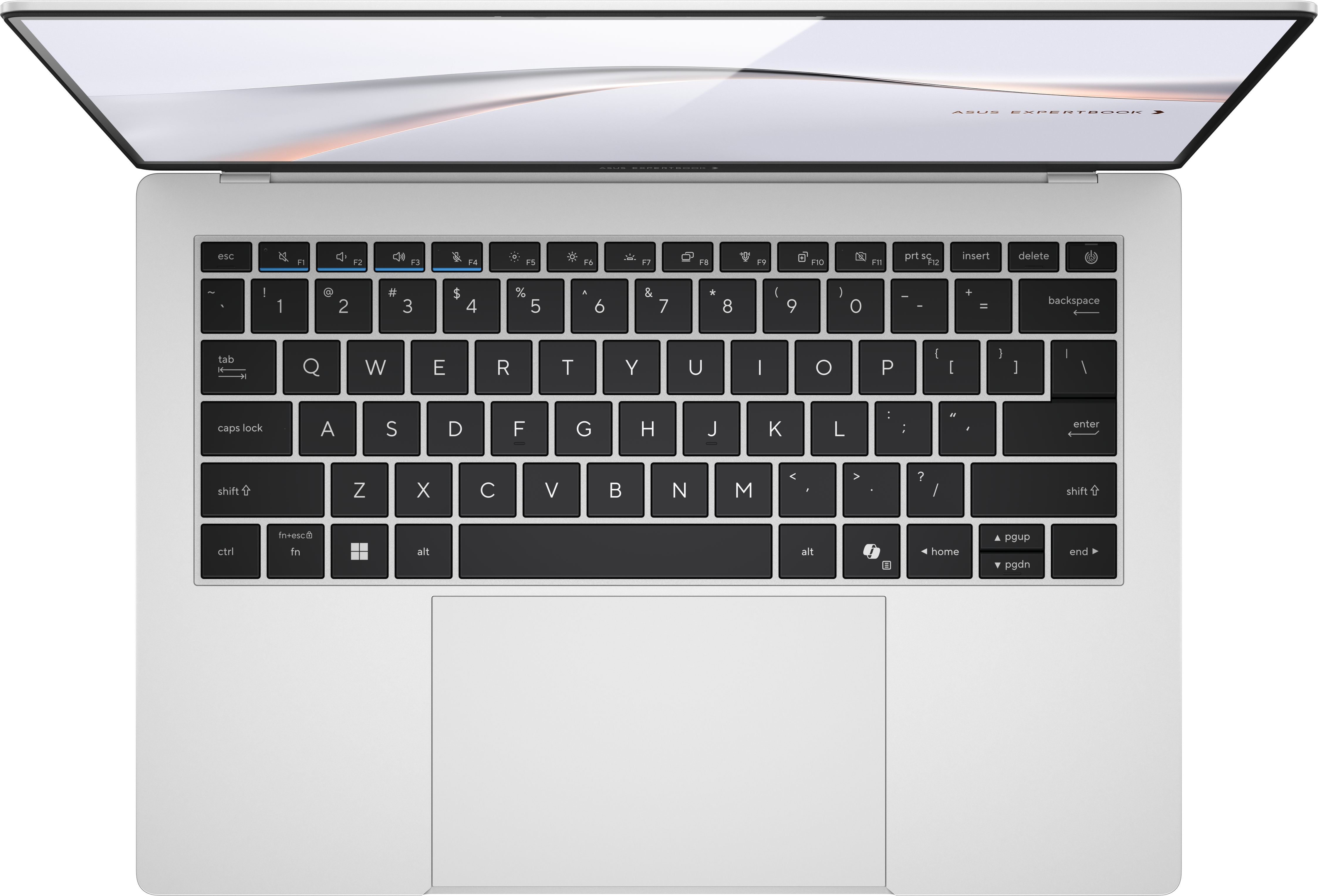 Felülnézet egy ezüstszínű laptopról, fekete billentyűzettel és világos képernyővel.