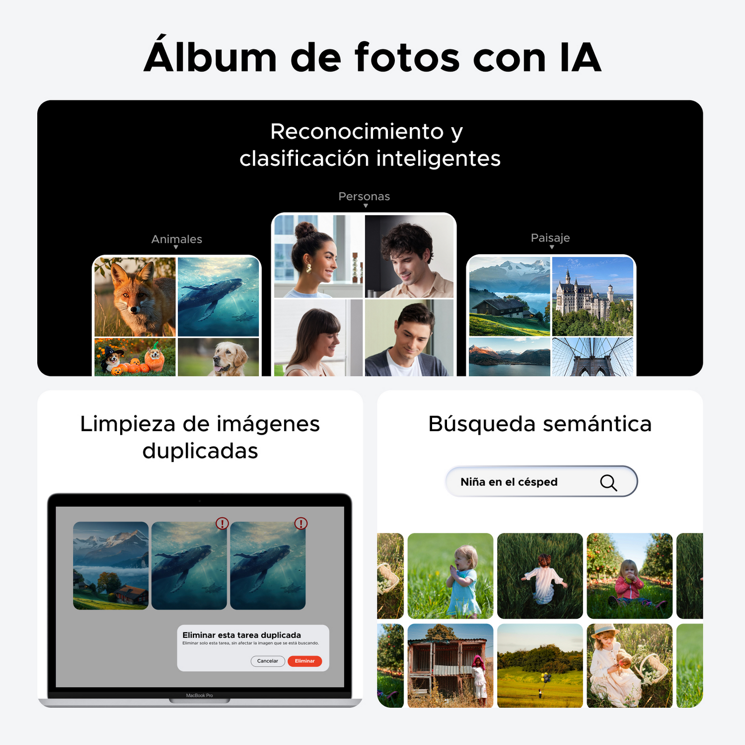 Presentación de funciones de álbum de fotos con IA, como reconocimiento inteligente, limpieza de duplicados y búsqueda semántica.