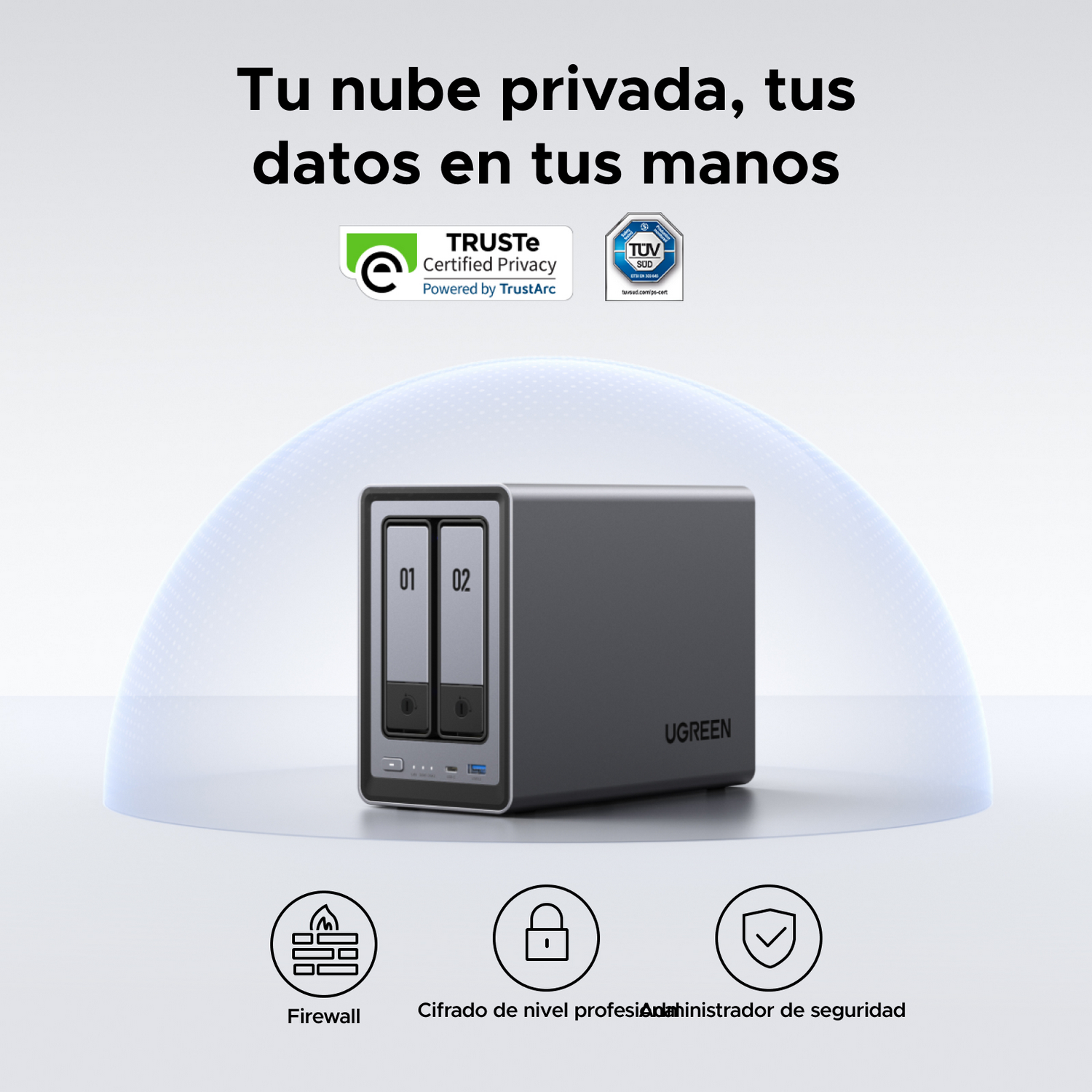 Un dispositivo NAS UGreen gris bajo una cúpula azul protectora con iconos de seguridad.