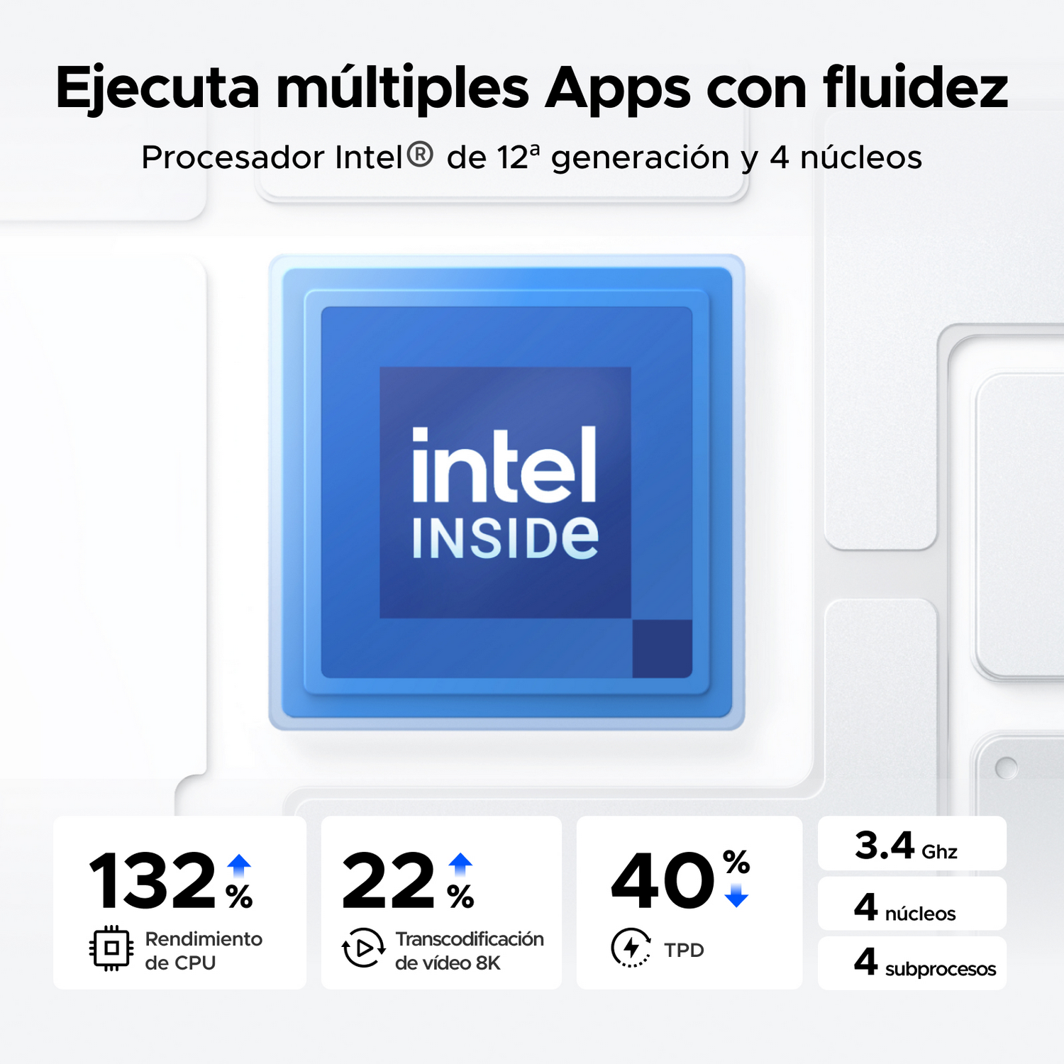 Pantalla de procesador Intel Core con estadísticas de rendimiento y gráficos azules.