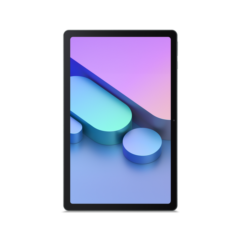 Ein Tablet zeigt einen bunten Bildschirm mit geometrischen 3D-Formen in Blau, Türkis und Pink auf schwarzem Hintergrund.