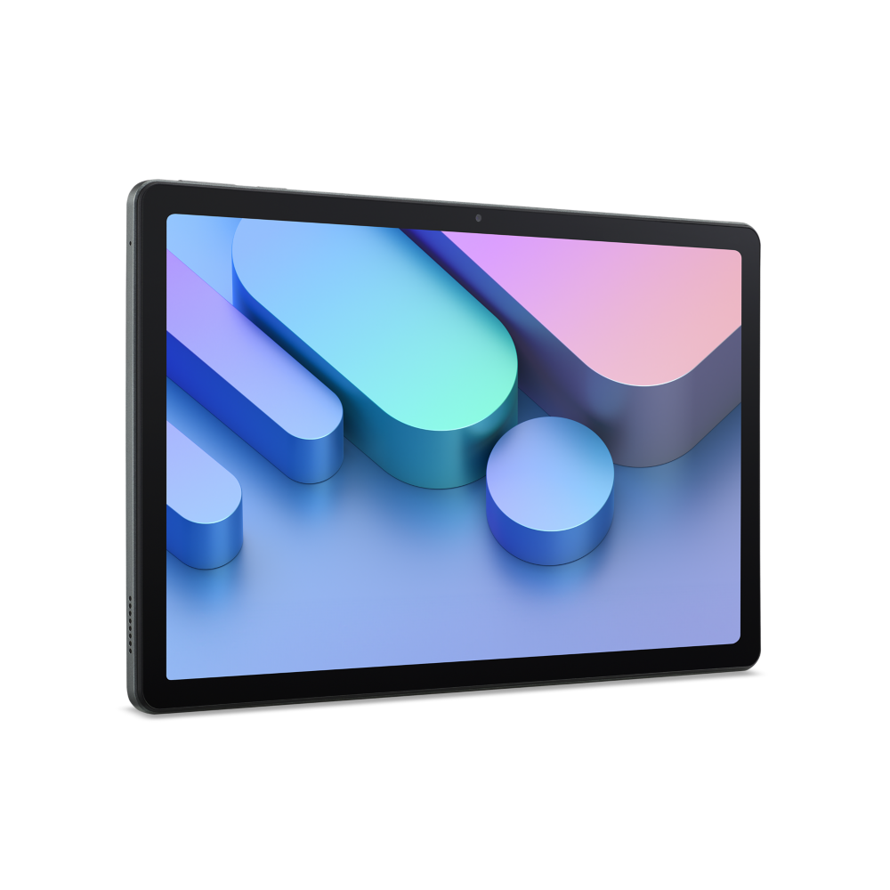 Ein schwarzes Tablet zeigt einen bunten, abstrakten Hintergrund mit blauen und rosafarbenen geometrischen Formen.