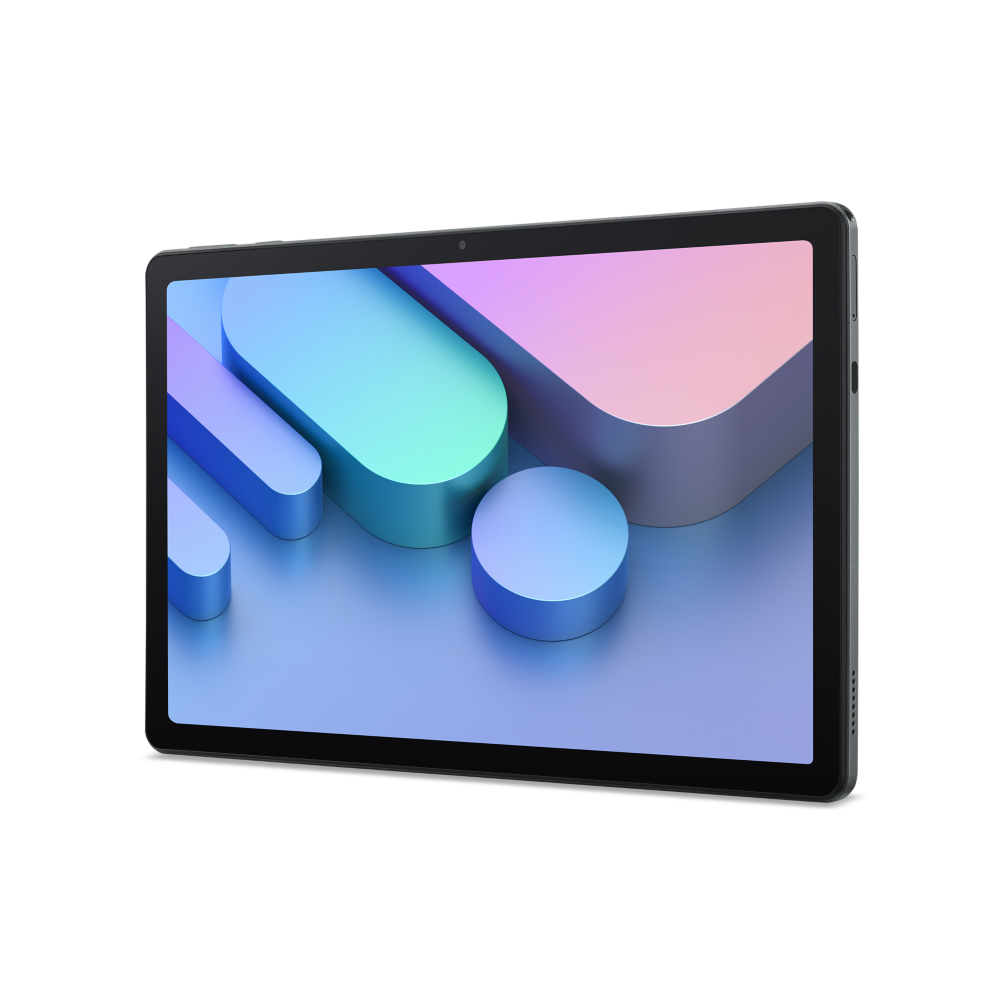 Ein schwarzes Tablet zeigt auf dem Bildschirm ein abstraktes 3D-Muster in Blau-, Pink- und Grüntönen auf schwarzem Grund.