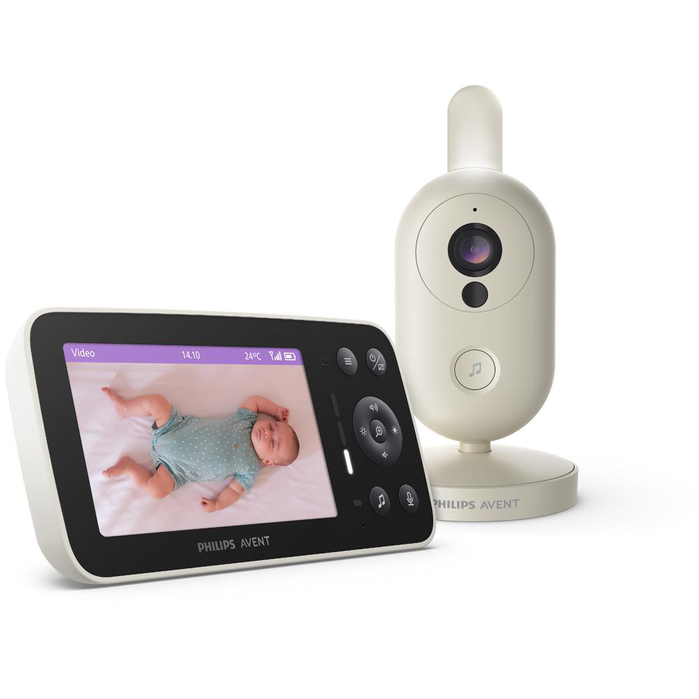 Ein weißes Philips Avent Babyphone mit Kamera und Elterneinheit, die ein Baby auf dem Bildschirm zeigt.