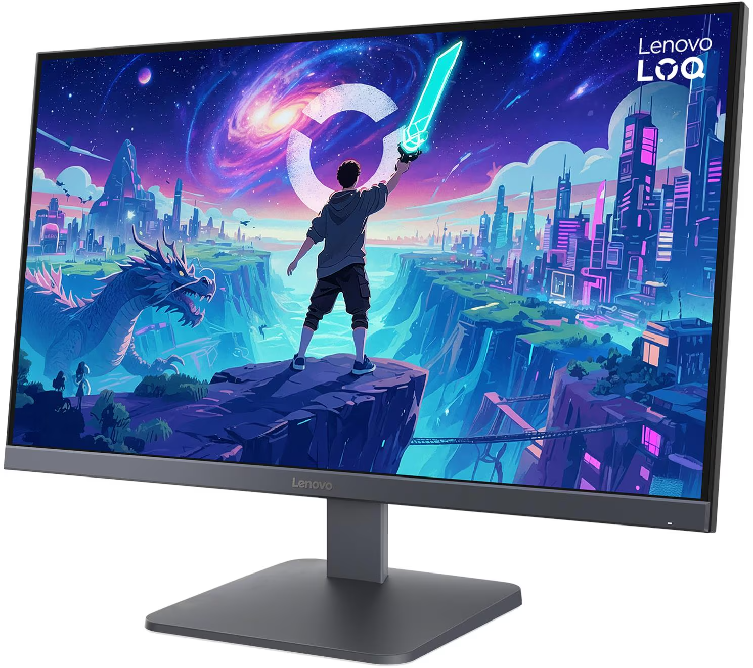 Egy Lenovo monitor színes fantasy jelenetet mutat kardos alakkal, várossal és sárkánnyal.