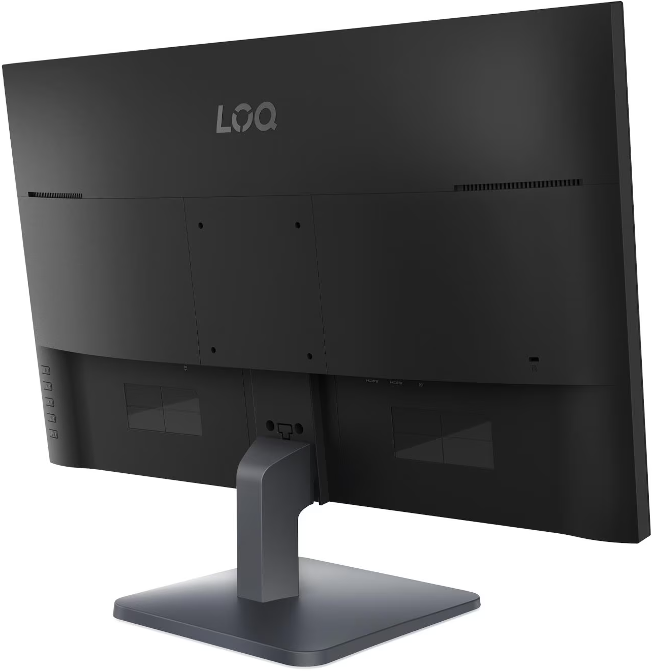 Egy fekete LOQ monitor hátoldala állvánnyal, fehér háttér előtt.