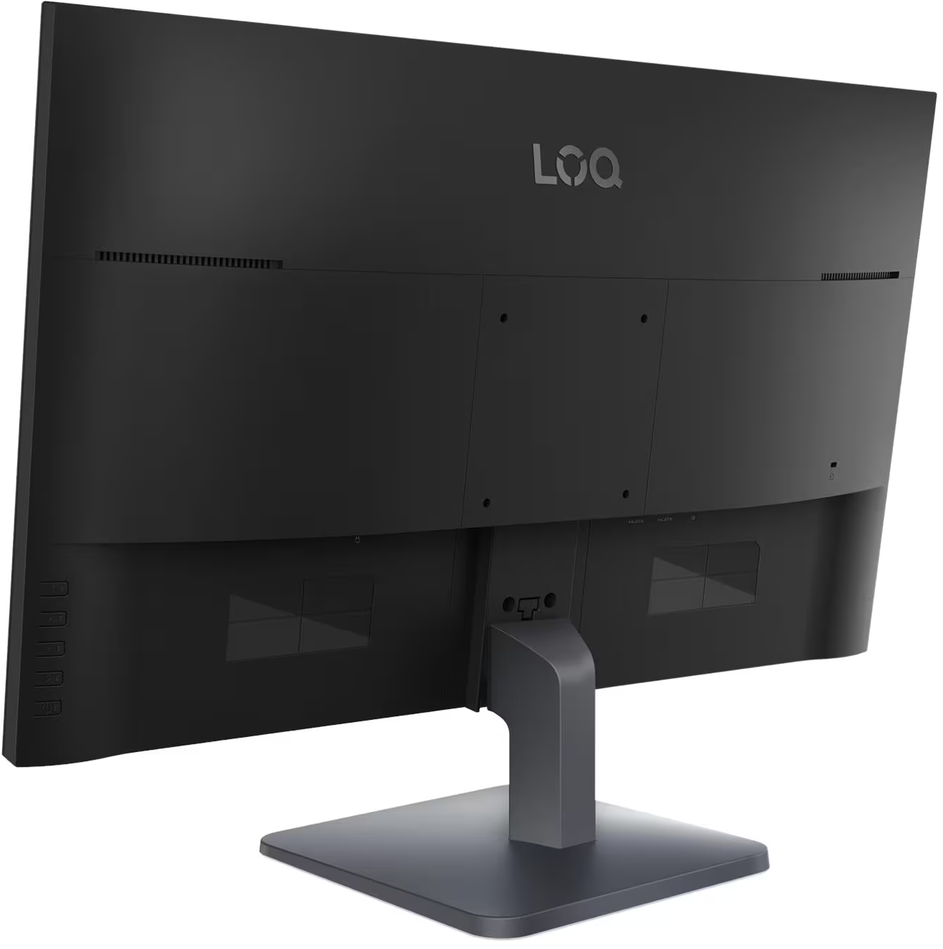 Egy fekete LOQ monitor hátoldala szürke talpon, fehér háttér.