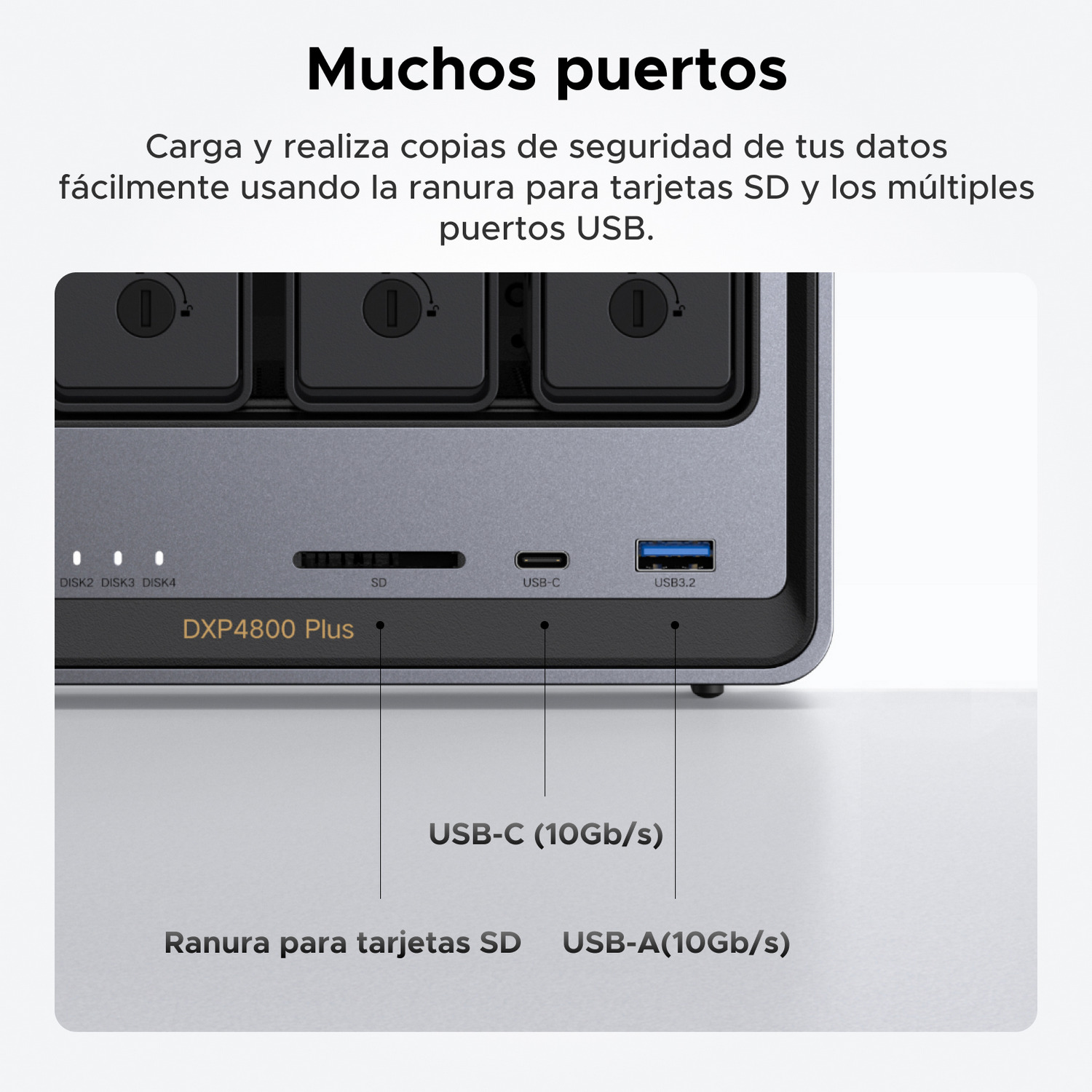 Panel frontal con ranura para tarjeta SD, puerto USB-C, puerto USB 3.2 y luces indicadoras.