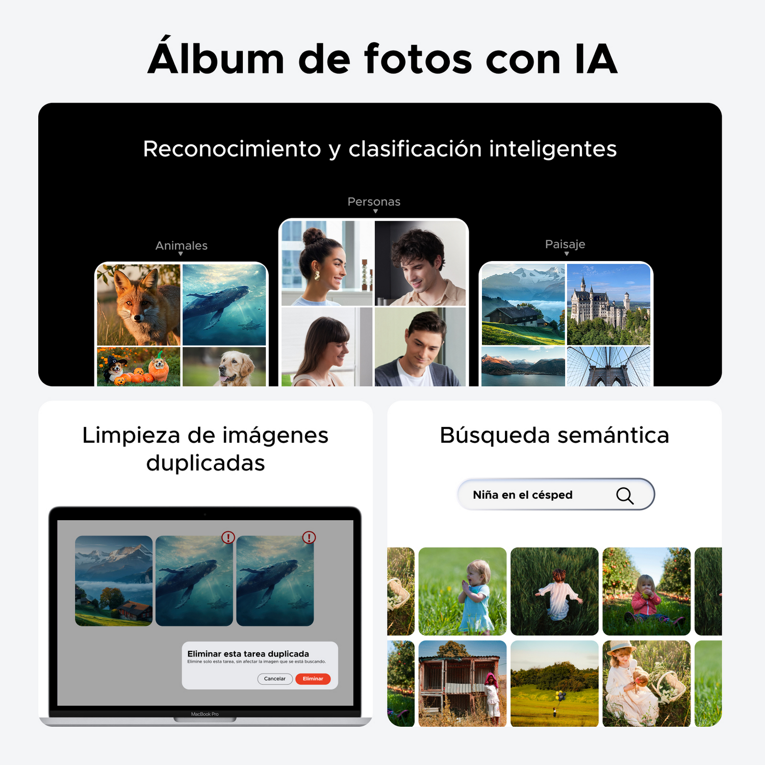 Presentación de funciones de fotos con IA como reconocimiento inteligente, limpieza y búsqueda semántica.