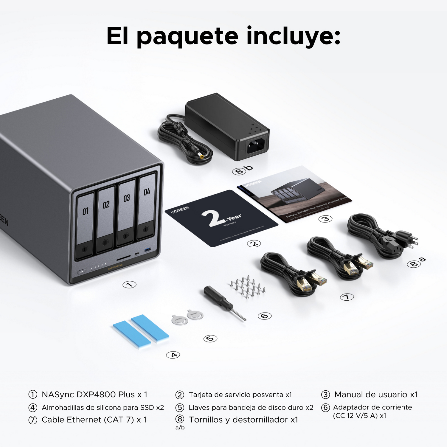 Un dispositivo NAS UGREEN con sus accesorios, cables y manuales incluidos en una superficie blanca.
