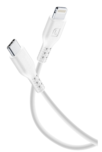 Un cable blanco USB-C a Lightning sobre fondo blanco.
