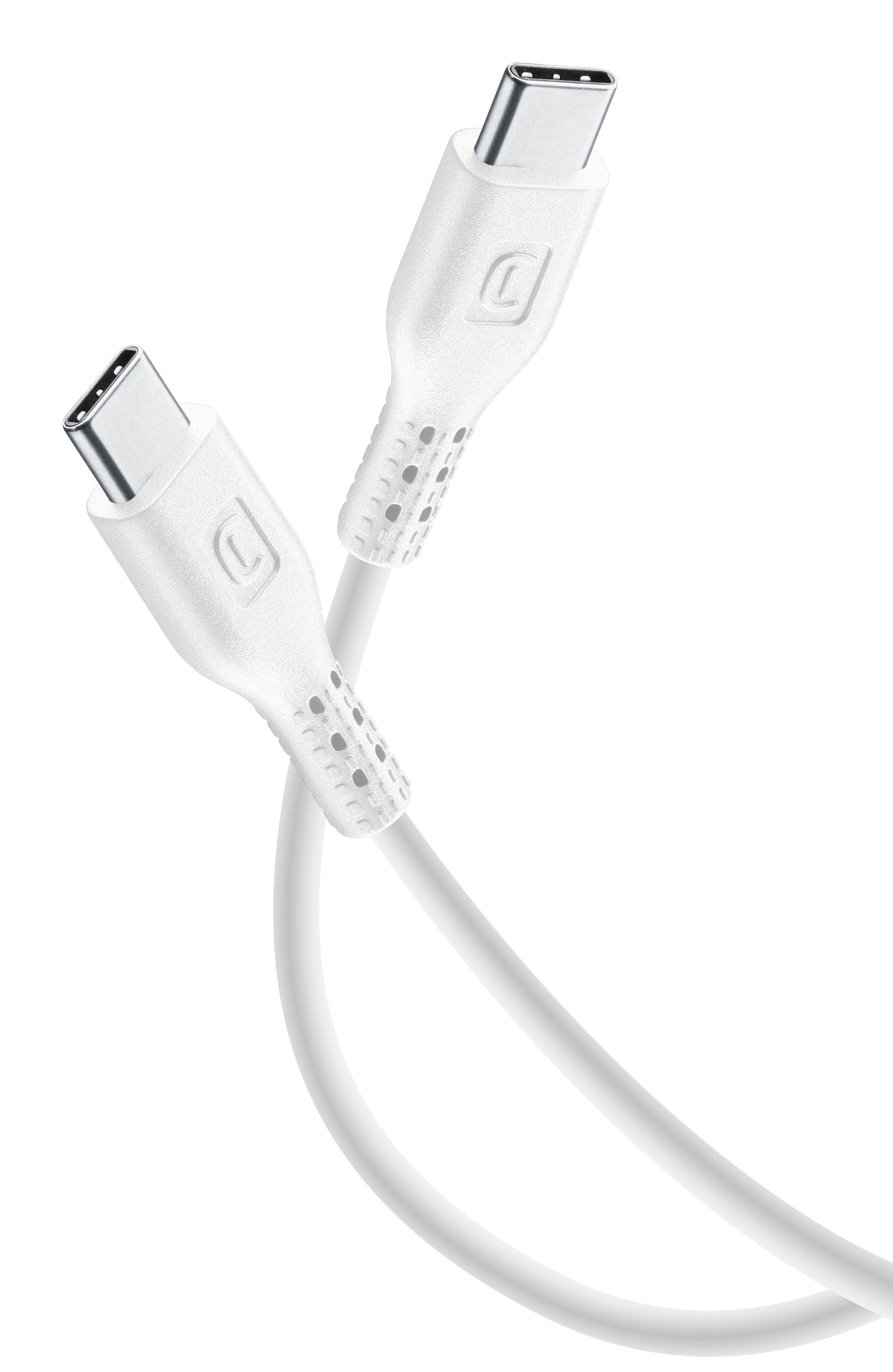 Dos cables USB-C blancos con conectores texturizados sobre fondo blanco.