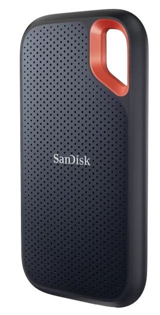 Czarny przenośny dysk SSD SanDisk w kropki z czerwoną pętlą.