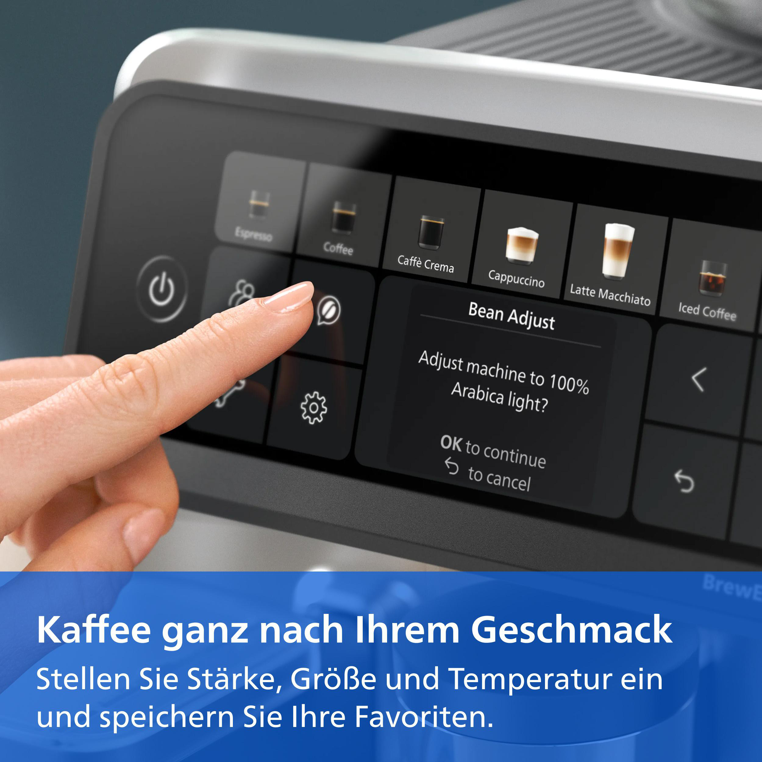 Eine Hand tippt auf das Touch-Display einer Kaffeemaschine mit Menüoptionen.