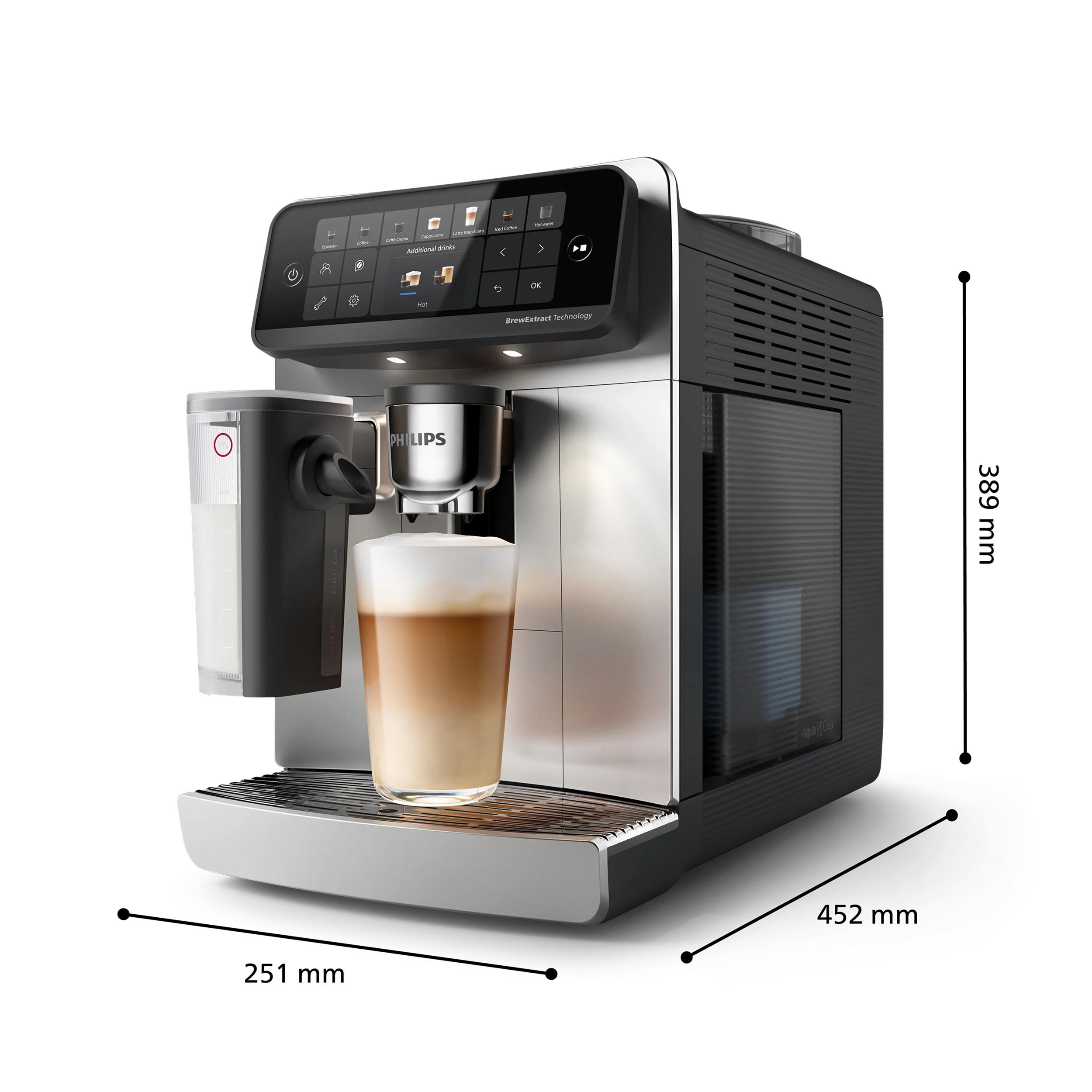 Moderne silberne und schwarze Philips Kaffeevollautomat mit Glas und Maßen.