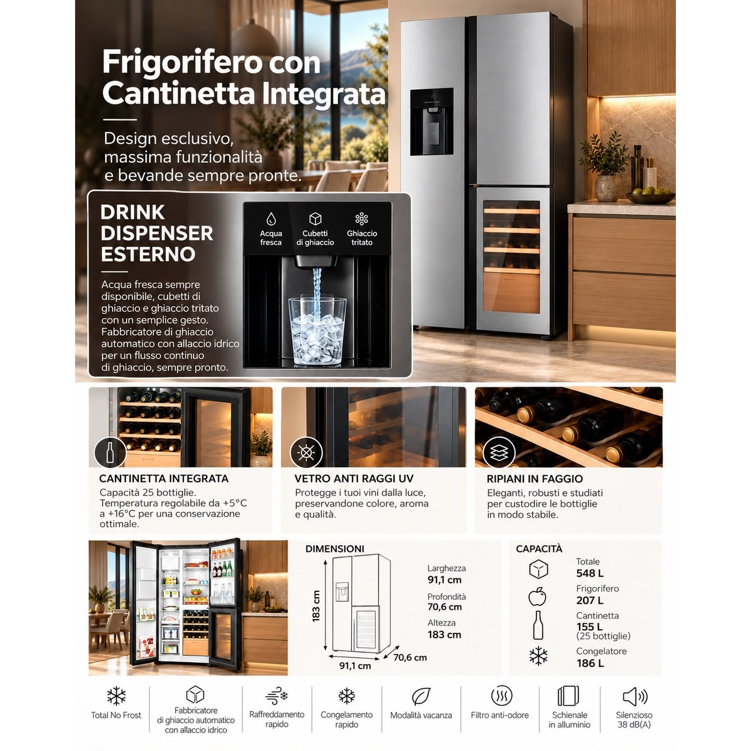 Immagine promozionale di un frigorifero in acciaio inox con cantinetta integrata, erogatore d'acqua e specifiche.