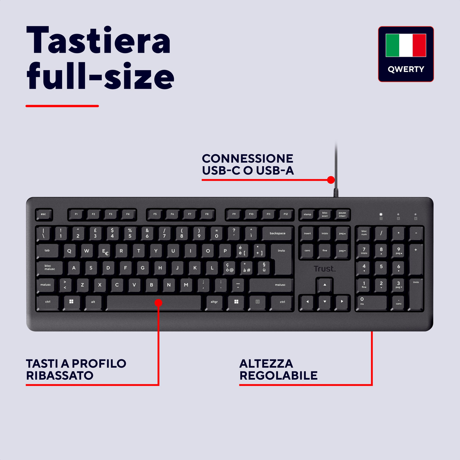 Tastiera QWERTY nera full-size con connessione USB, tasti a profilo ribassato e altezza regolabile.