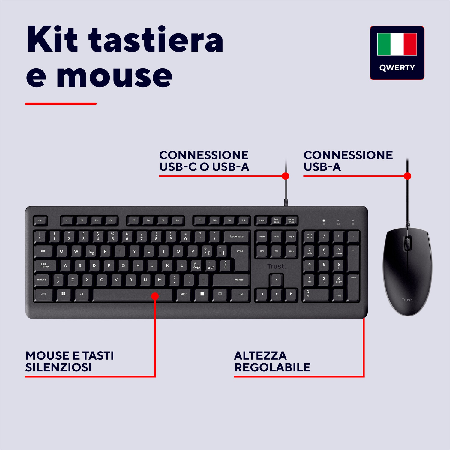 Kit tastiera e mouse Trust neri con layout QWERTY italiano e connessione USB.