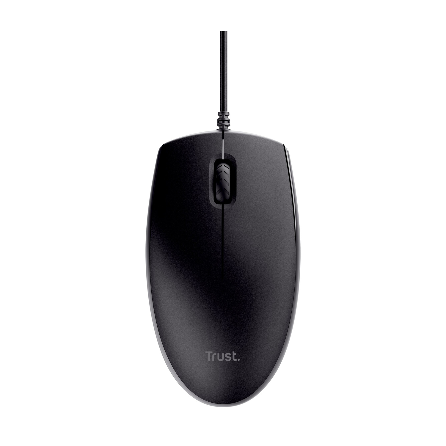 Un mouse con filo Trust nero su sfondo bianco con rotellina di scorrimento e cavo USB.