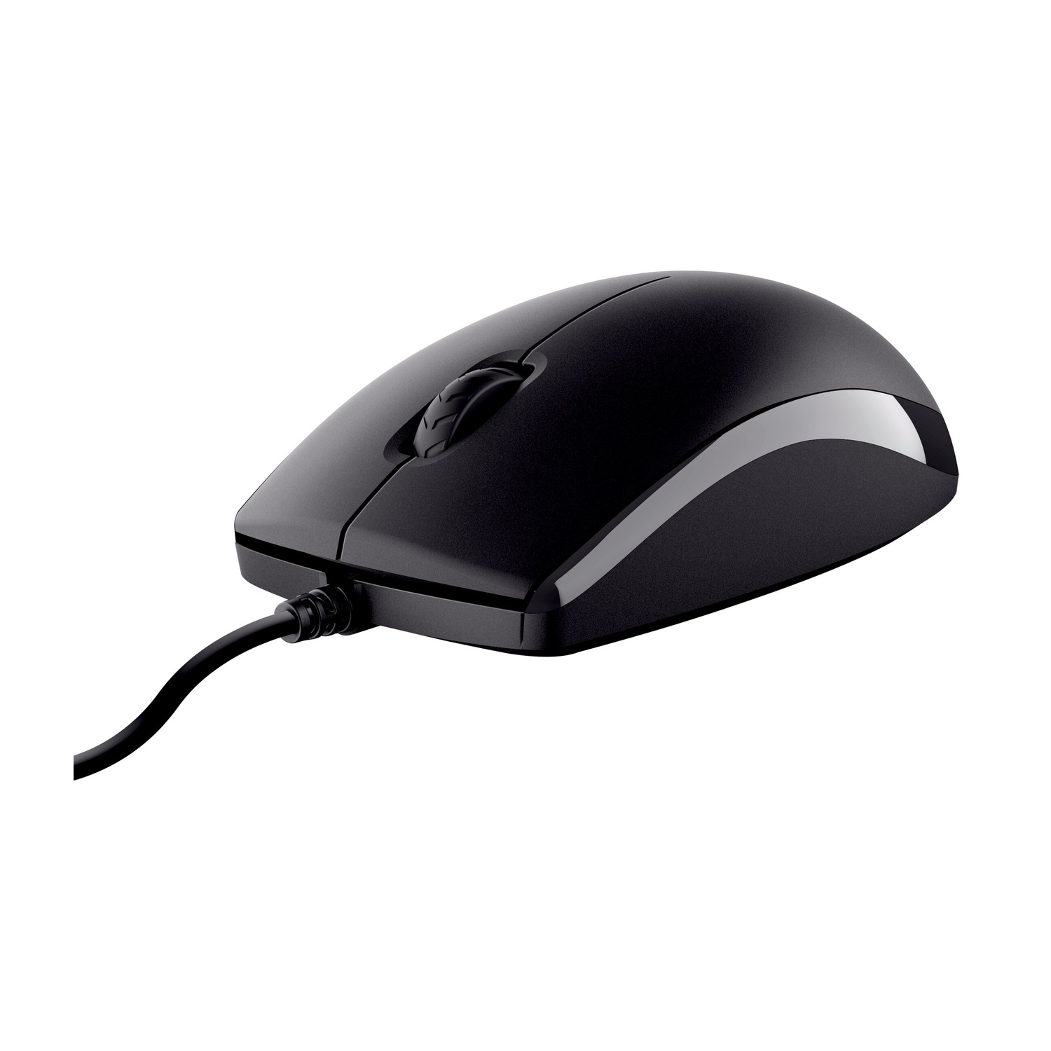 Un mouse per computer nero con filo e rotella di scorrimento su sfondo bianco.
