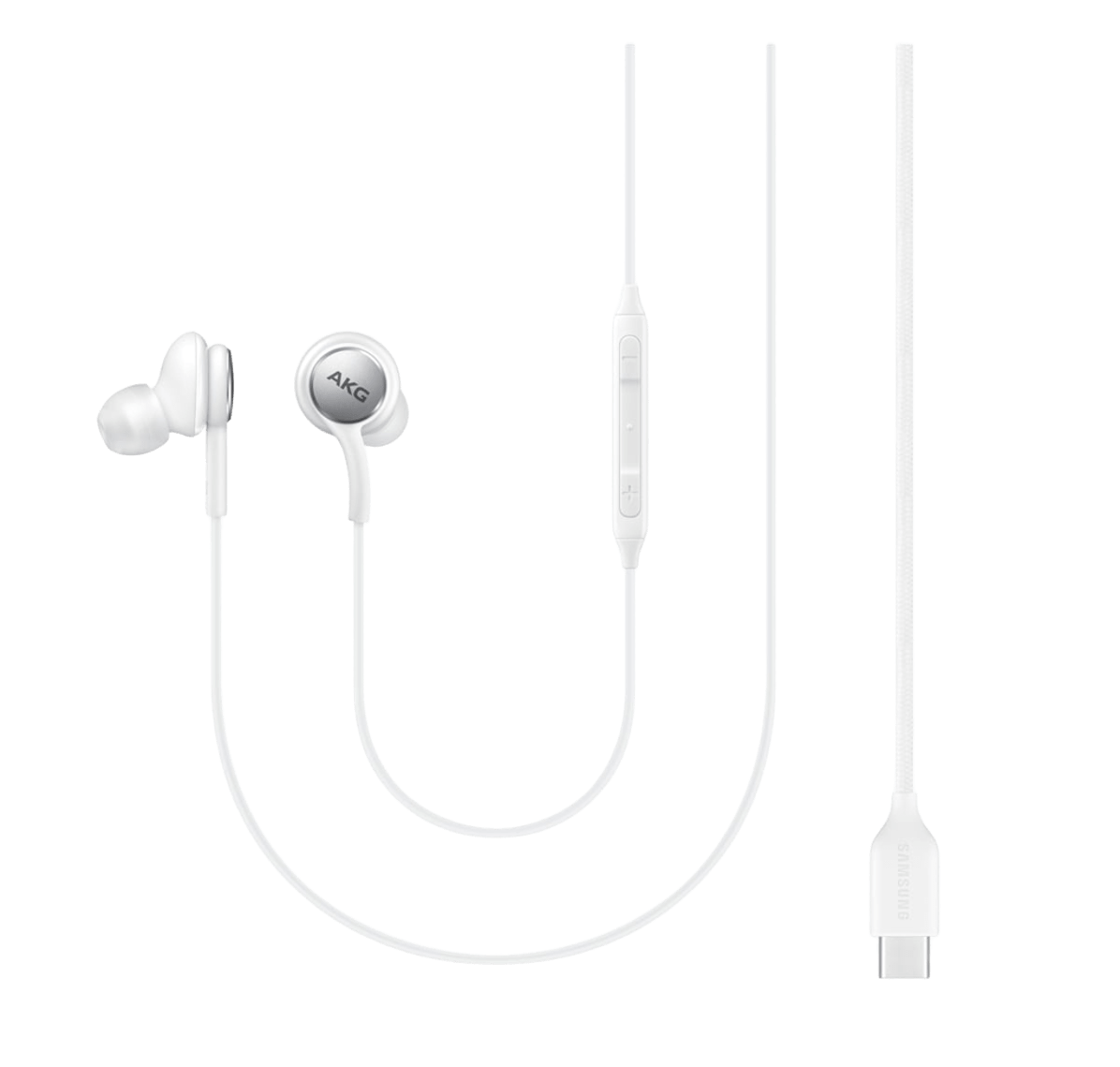 Auriculares intrauditivos blancos con cable AKG, control remoto en línea y conector USB-C sobre fondo negro.