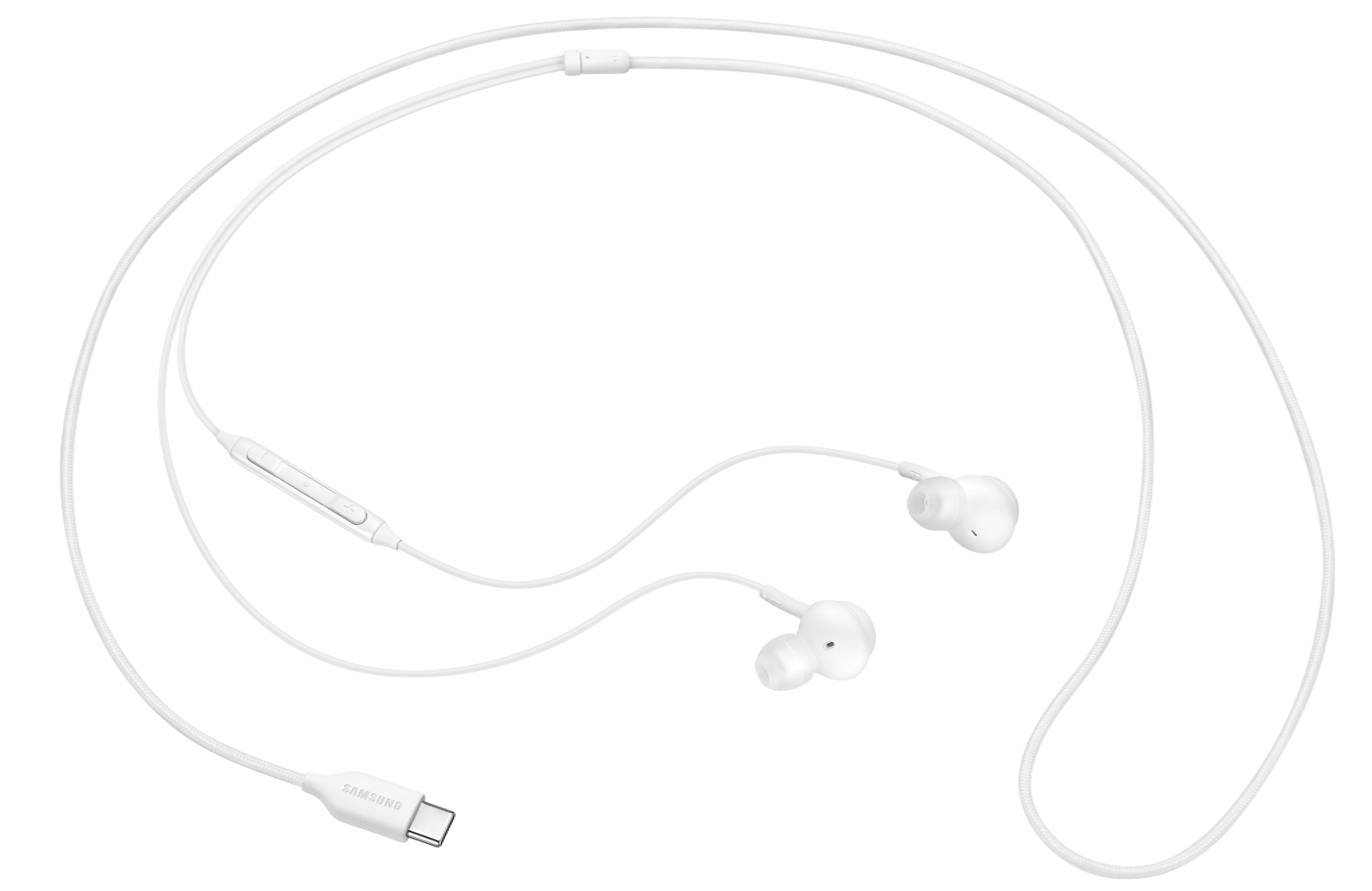 Auriculares blancos Samsung con conector tipo C y control remoto en línea sobre fondo negro.