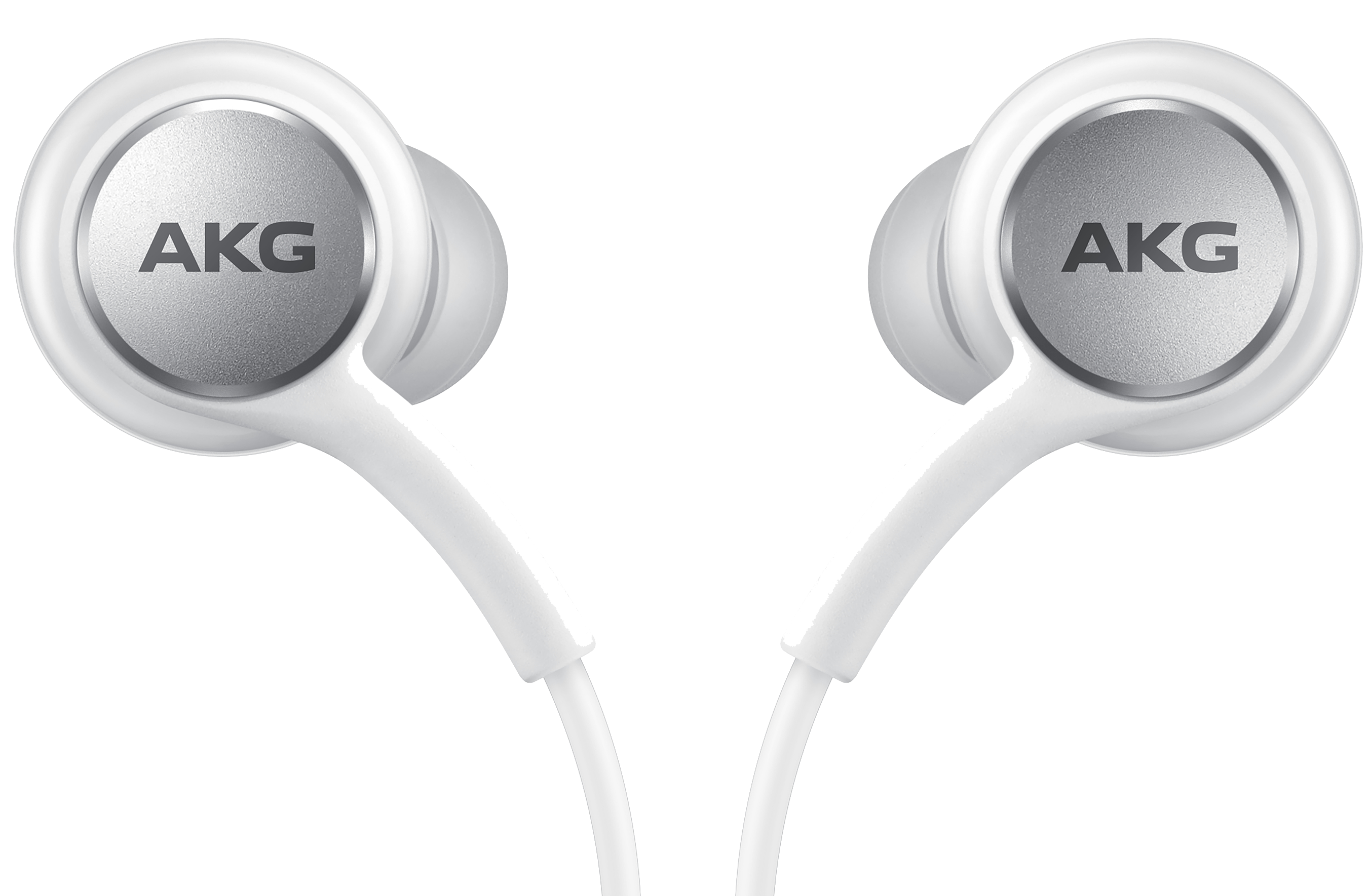 Dos auriculares intrauditivos blancos AKG con detalles plateados sobre fondo negro.