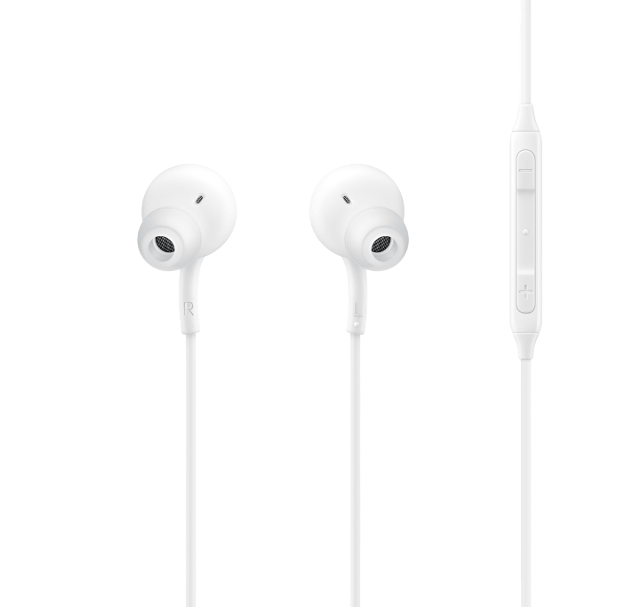Auriculares intrauditivos con cable blanco y control de volumen integrado sobre fondo negro.
