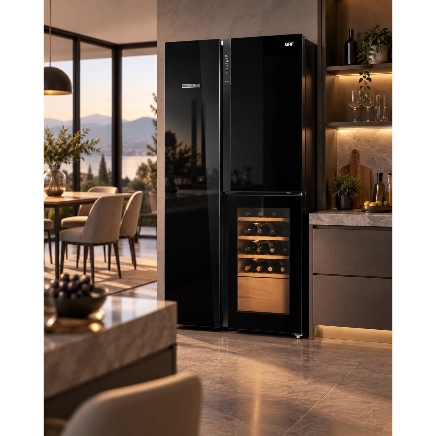 Moderno frigorifero nero con cantinetta per vini integrata in una cucina elegante.