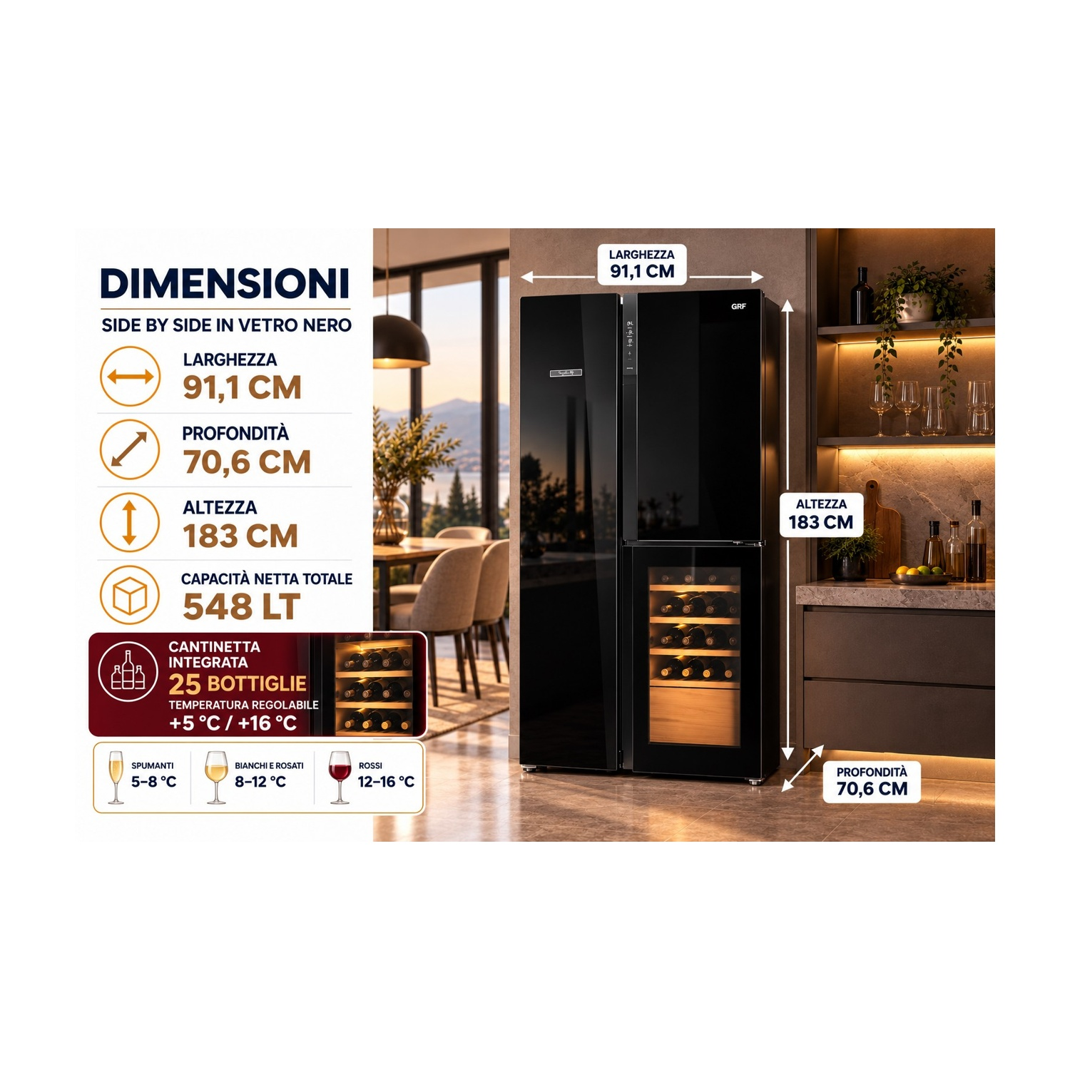 Frigorifero side-by-side nero con cantinetta integrata, con dimensioni e specifiche.