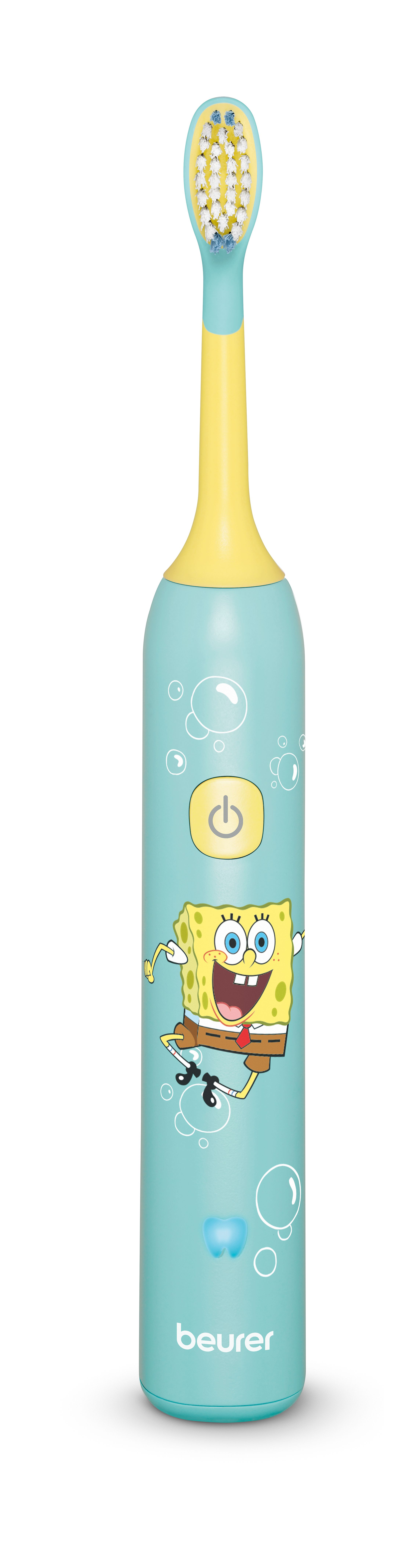 Eine türkisfarbene Kinderzahnbürste mit SpongeBob Schwammkopf, gelbem Griff und weißem Bürstenkopf.