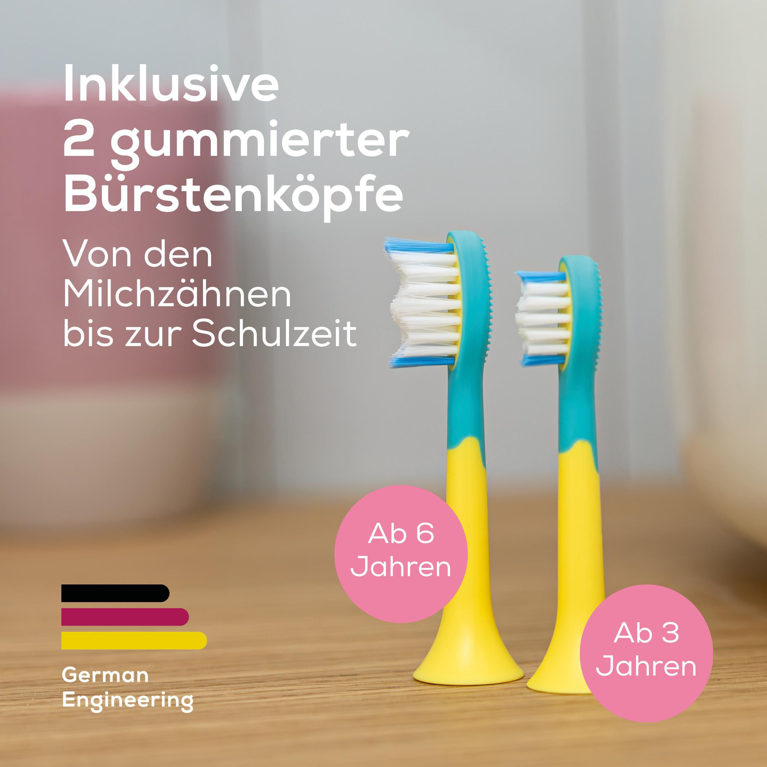 Zwei gelb-blaue Kinder-Zahnbürstenköpfe stehen auf einer Holzoberfläche mit deutschem Text.
