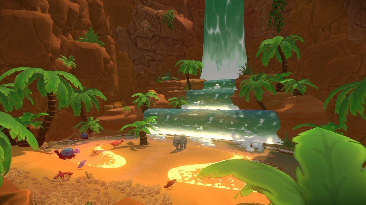 Tropischer Wasserfall fließend über Klippen mit Palmen und Tieren am Sandstrand.