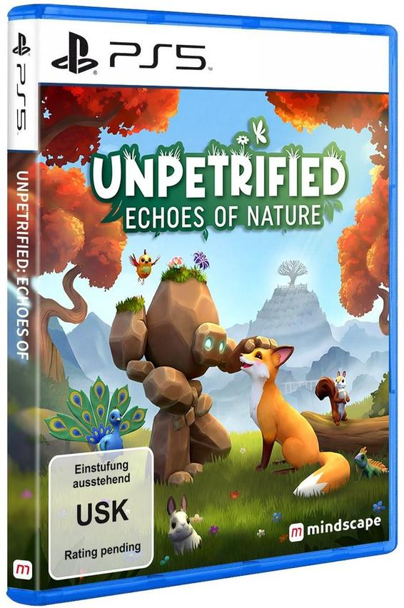PS5-Spielhülle von Unpetrified Echoes of Nature mit Gesteinswesen, Fuchs und Waldtieren in einer bunten Natur.