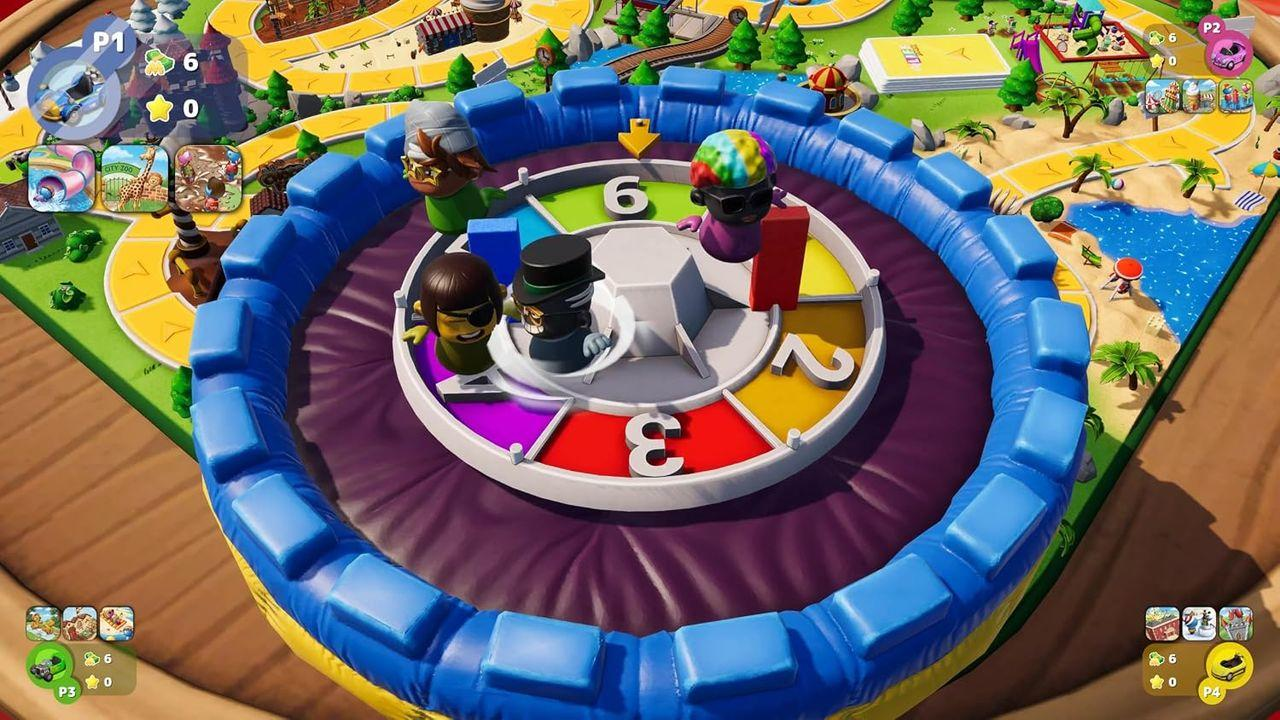 Ein farbenfrohes Brettspiel mit Figuren auf einem großen runden Rad in einer blauen Arena.
