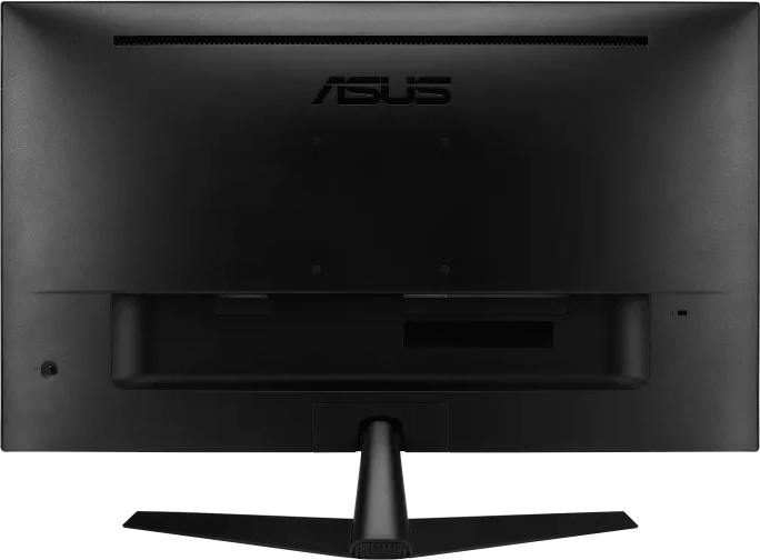 Egy fekete ASUS monitor hátoldala VESA rögzítőnyílásokkal és állvánnyal fekete háttér előtt.