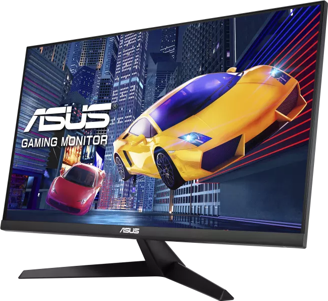 Egy ASUS gamer monitor egy sárga sportautót és egy piros autót ábrázoló autós játékot mutat egy éjszakai városban.