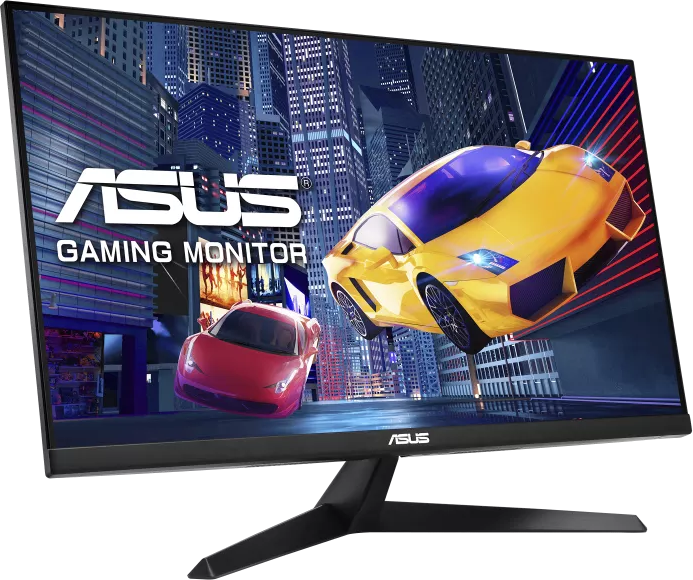 Asus gaming monitor sárga és piros sportautókkal egy éjszakai városban.