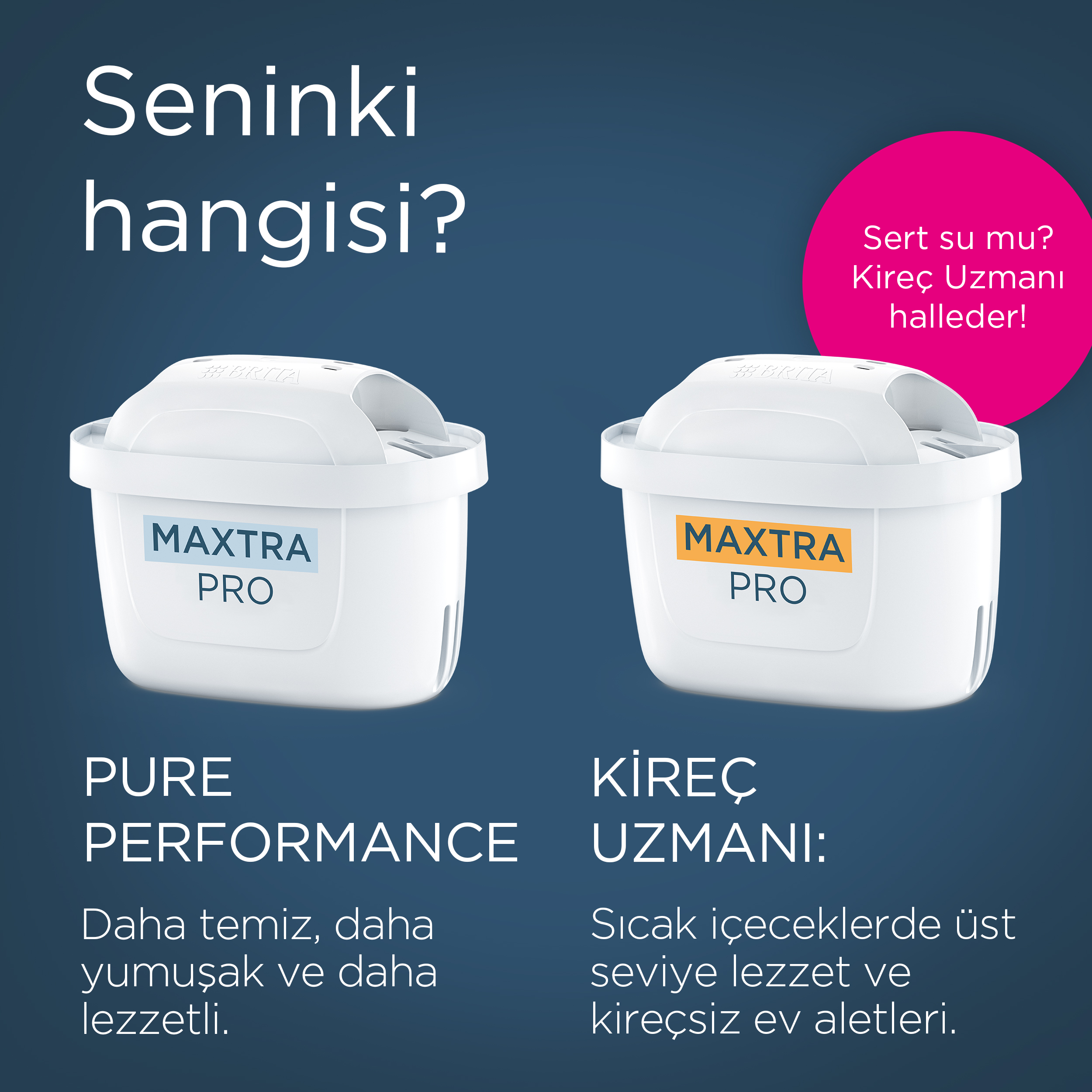 Mavi arka plan üzerinde iki Maxtra Pro su filtresinin ve Türkçe tanıtım yazılarının karşılaştırması.
