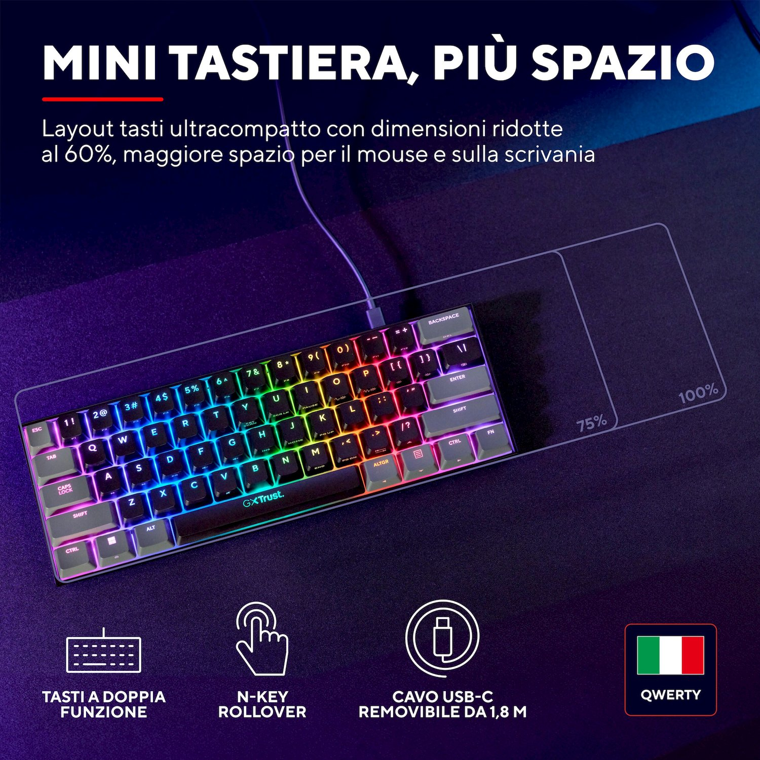 Tastiera compatta al 60 percento con illuminazione RGB, layout QWERTY italiano e cavo USB-C rimovibile.