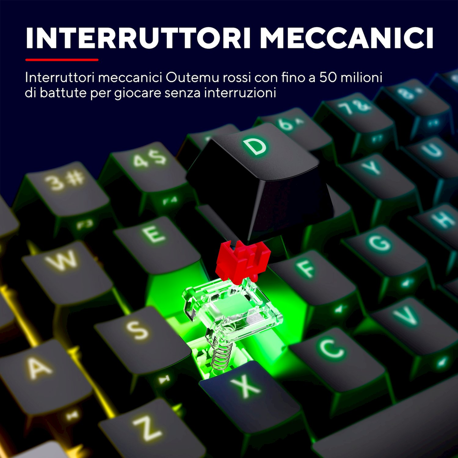 Primo piano di una tastiera meccanica con uno switch rosso e luce verde.