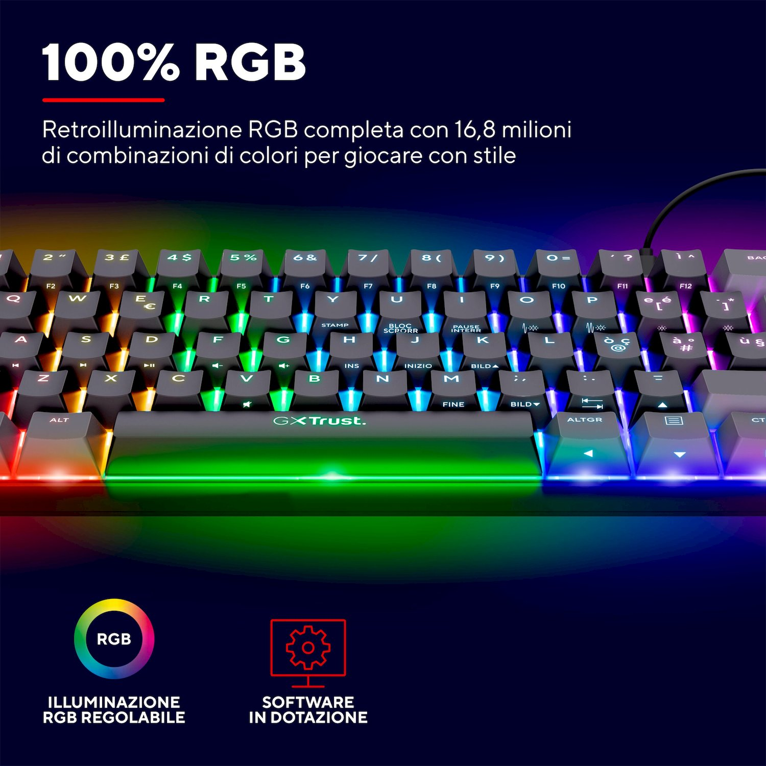 Una tastiera da gioco con retroilluminazione RGB colorata, testo in alto a sinistra e icone in basso.