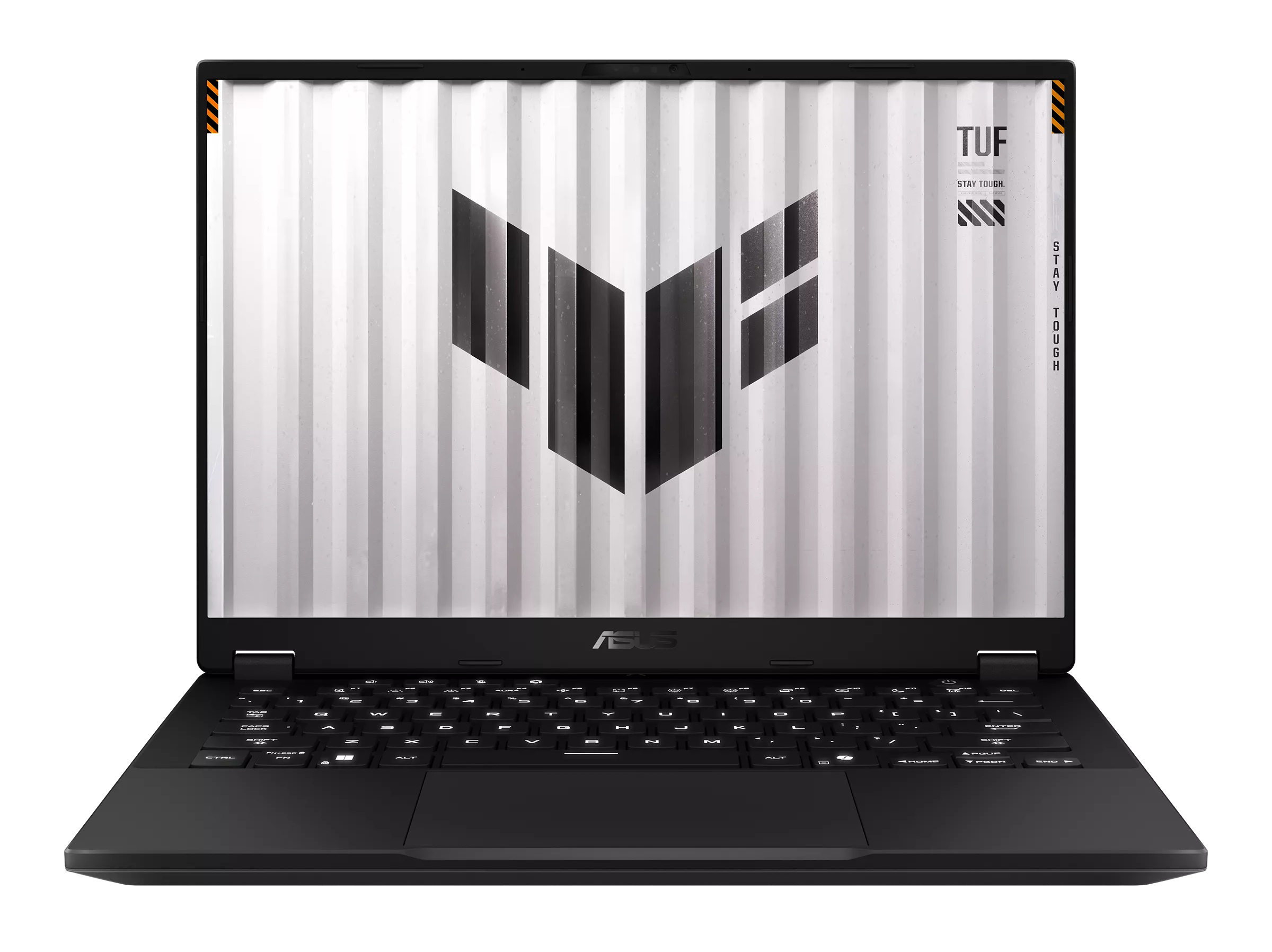 Czarny laptop do gier ASUS TUF wyświetla białą tapetę z dużym czarnym logo.