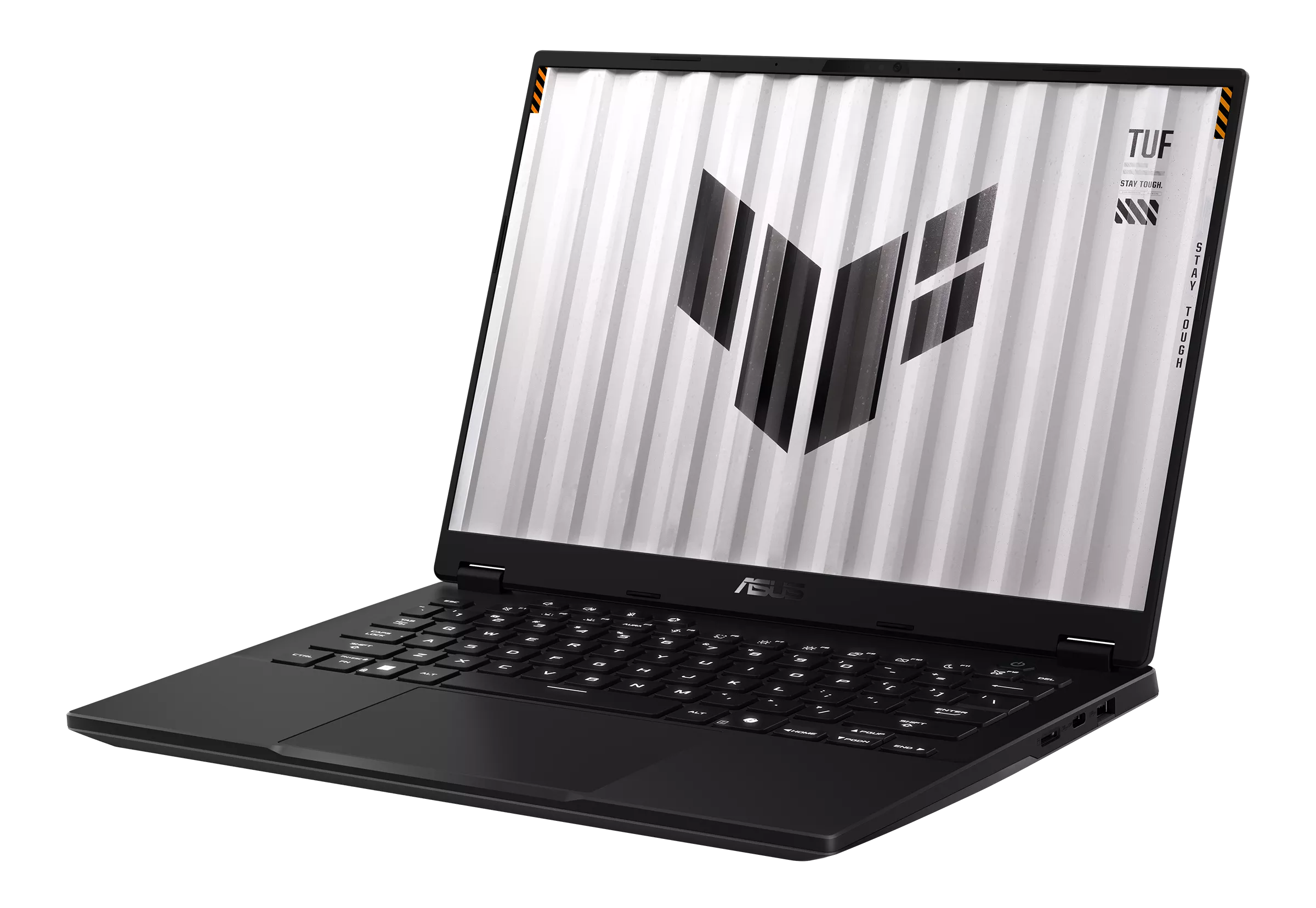 Czarny laptop Asus TUF z podświetlaną klawiaturą i wyraźnym logo TUF na ekranie na czarnym tle.