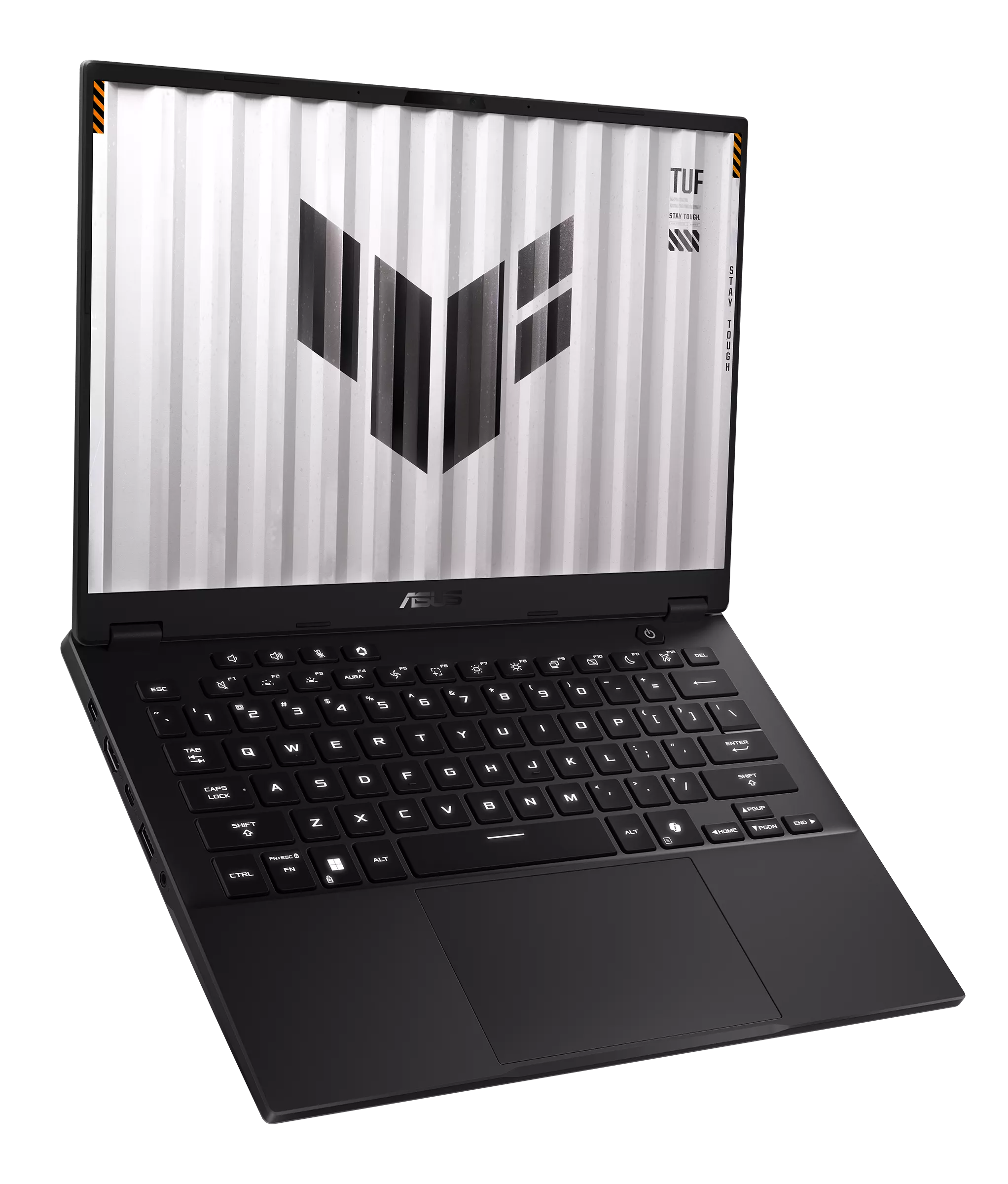 Czarny laptop ASUS z podświetlaną klawiaturą i ekranem w motywie TUF na czarnym tle.
